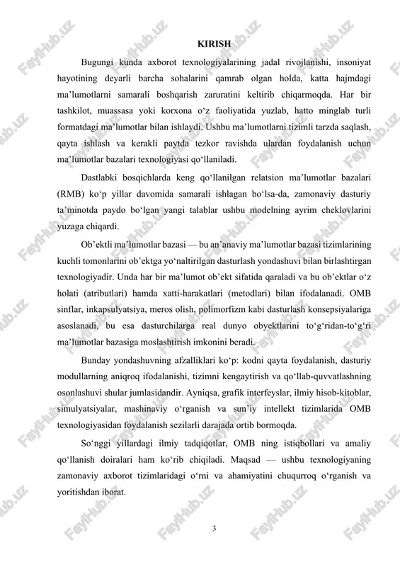 di. ob’ekt tarkibida: atributlar – ob’ektning tavsiflovchi belgilaridir (masalan: ism, yosh, narx, rang). xatti-harakatlar (funksiyalar yoki metodlar) – ob’ekt qanday ishlarni bajara olishini ko‘rsatadi (masalan: hisoblash, tahrirlash, saqlash kabi amallar). oddiy qilib aytganda, ob’ekt bu — ma’lumotlar va ular bilan ishlovchi funksiyalarni bir joyda mujassamlashtirgan birlikdir. sinf nima? sinf – bu bir turdagi ob’ektlar uchun umumiy qolipdir. u ma’lum bir guruhga mansub ob’ektlarning umumiy xususiyatlarini va harakatlarini belgilaydi. har bir sinf asosida ko‘plab ob’ektlar yaratilishi mumkin. masalan, "talaba" sinfi mavjud bo‘lsa, bu sinfga asoslangan holda turli talabalar (oyatxon, dilnoza, javlon va hokazo) ob’ekt sifatida yaratiladi. sinf quyidagi jihatlarni belgilaydi: ob’ekt qanday ma’lumotlarga ega bo‘lishi kerak; ob’ekt qanday harakatlarni bajarishi mumkin. ob’ektlar va sinflar o‘rtasidagi bog‘liqlik: ob’ektlar o‘z sinfiga bog‘langan holda mavjud bo‘ladi. sinf – bu umumiy tavsif, ob’ekt esa shu tavsif asosida yaratilgan individual birlikdir. masalan, barcha talabalar o‘z sinfidan umumiy atribut va harakatlarni oladi, ammo har bir talabada atribut …