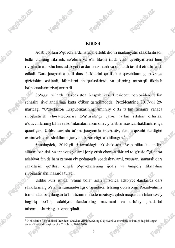 ish, "shum bola" darsida qo‘llaniladigan asosiy dars shakllarini aniqlash va ularning ta’lim jarayonidagi samaradorligini tahlil qilish belgilangan. mavzuning dolzarbligi: bugungi kunda ta’lim sohasida o‘quvchilarning faolligini oshirish, ularni mustaqil fikrlashga va ijodiy yondashishga rag‘batlantirish muhim ahamiyat kasb etmoqda. ayniqsa, adabiyot fani o‘quvchilarning madaniy-axloqiy va estetik didini shakllantirishda, ularda so‘z boyligini rivojlantirishda o‘ziga xos o‘rin tutadi. shu bois, adabiyot darslarida samarali va faol dars shakllarini tanlash dolzarb masalalardan biridir. "shum bola" asari asosida tashkil etilgan darslar esa o‘quvchilarning faolligini oshirish, ularni mavzu bilan chuqurroq tanishtirish imkonini beradi. shu sababli, dars shakllarining nazariy va amaliy jihatlarini o‘rganish hamda ularni ta’lim jarayonida qo‘llashning samaradorligini tahlil qilish bugungi kunda muhim ahamiyatga ega. kurs ishining maqsadi – adabiyot darslarida, xususan, “shum bola” asari misolida samarali dars shakllarini aniqlash va ularni qo‘llash orqali o‘quvchilarning faolligini oshirishga xizmat qiladigan metodik asoslarni yaratishdan iborat. maqsadga erishish uchun dars shakllarining nazariy asoslari o‘rganiladi, "shum bola" darsida qo‘llaniladigan dars shakllari tahlil …