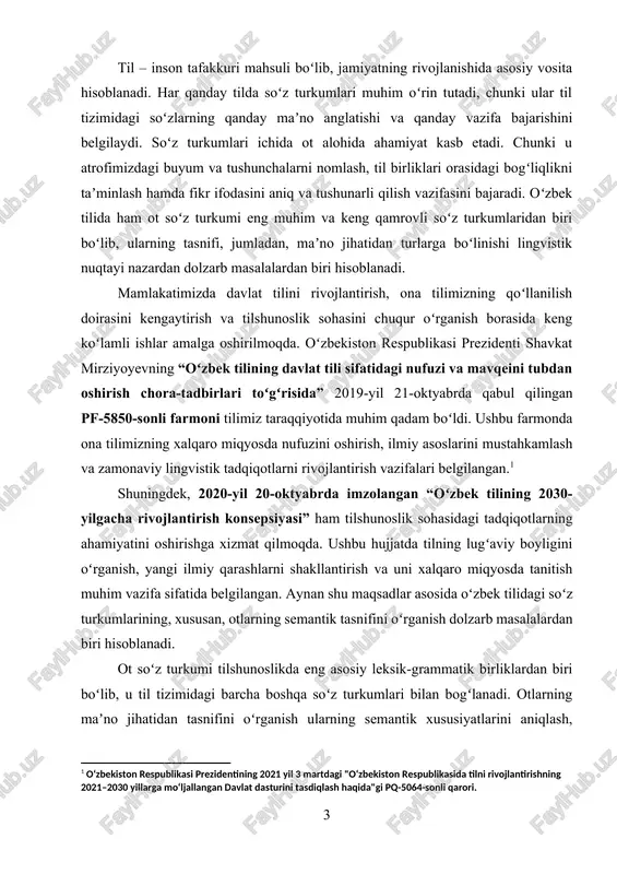 a xizmat qilishi bilan birga, taʼlim tizimi va til oʻrgatish metodikasida ham qoʻllanilishi mumkin.[footnoteref:2] [2: o‘zbekiston respublikasi prezidentining 2019 yil 8 noyabrdagi "o‘zbek tilining yanada rivojlanishi va unikal xususiyatlarini saqlab qolish bo‘yicha chora-tadbirlar to‘g‘risida"gi pq-4495-sonli qarori. ] otlarning maʼno jihatidan tasnifini oʻrganish ularning semantik jihatdan qanday farqlanishini tushunish, ularning qoʻllanilish qonuniyatlarini aniqlash va til tizimidagi oʻrnini belgilash uchun muhimdir. chunki har bir ot oʻz mazmuniga koʻra turlicha guruhlarga boʻlinadi. masalan, buyum yoki hodisalarni bildirishi, umumiy yoki aniq nom boʻlishi, jonsiz yoki jonli mavjudot nomlarini ifodalashi, shakllanish usuliga koʻra farqlanishi mumkin. bu kabi tasniflar tilshunoslikda otlarning semantik xususiyatlarini chuqur oʻrganishga, ularning turli sohalardagi oʻziga xos qoʻllanilish xususiyatlarini ochib berishga yordam beradi. mazkur kurs ishida otlarning maʼno jihatidan tasnifi, ularning leksik-semantik xususiyatlari, shakllanish va qoʻllanilish qonuniyatlari tahlil qilinadi. tadqiqot davomida otlarning turkumlanishiga oid turli ilmiy qarashlar koʻrib chiqilib, ularning umumiy va farqli jihatlari tahlil qilinadi. otlarning semantik jihatdan tasnifi faqat nazariy ahamiyatga …