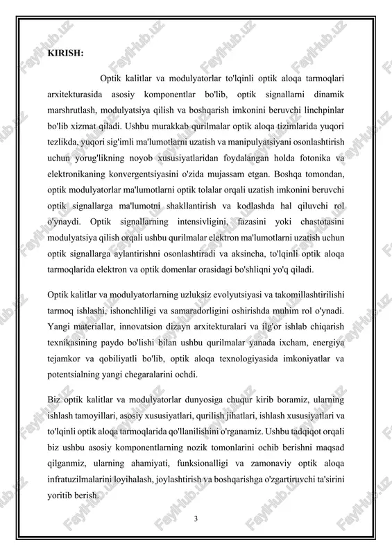 materialning sinishi indeksini o'zgartirib, optik signalni modulyatsiya qilishga imkon beradi. akusto-optik modulyatorlar: ushbu modulyatorlar materialning sinishi indeksini o'zgartirish uchun tovush to'lqinlaridan foydalanadi va shu bilan optik signalni modulyatsiya qiladi. optik kalitlar va modulyatorlar optik aloqa tizimlarining asosiy komponentlari bo'lib, turli maqsadlar uchun yorug'lik signallarini manipulyatsiya qilish imkonini beradi. bu erda har birining qisqacha ko'rinishi: optik kalitlar : ta'rif : optik kalitlar - bu optik signallarni bir kanaldan boshqasiga tanlab yo'naltirish uchun ishlatiladigan qurilmalar. funktsionallik : ular elektron kalitlarga o'xshash ishlaydi, lekin elektr o'rniga optik signallar bilan ishlaydi. ular yorug'lik nurlarini qayta yo'naltirishlari, yo'llarini o'zgartirishlari yoki turli xil optik tolalar yoki kanallarni ulash/ajratishlari mumkin. turlari : mexanik, elektro-optik va mikro-elektro-mexanik tizimlarni (mems) o'z ichiga olgan optik kalitlarning har xil turlari mavjud. ilovalar : optik kalitlar optik tarmoqlarda ilovalarni topadi, shu jumladan to'lqin uzunligi bo'linadigan multiplekslash (wdm) tizimlari, optik o'zaro bog'lanishlar, qayta sozlanishi mumkin bo'lgan optik qo'shimchali multipleksorlar (roadm) va optik tolali …