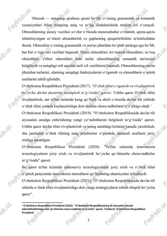 ishlarni rivojlantirishni nazarda tutadi. o‘zbekiston respublikasi prezidenti (2021). "ta'lim tizimini mustahkamlash va ilmiy tadqiqotlarni qo‘llab-quvvatlash bo‘yicha yangi qarorlar". bu qaror ta'lim tizimini rivojlantirish va o‘zbek tilini o‘qitish jarayonida ilmiy tadqiqotlar va amaliy usullarning o‘zaro aloqasini kuchaytirishga qaratilgan.[footnoteref:2] [2: o‘zbekiston respublikasi prezidenti (2021). "o‘zbekiston respublikasida davlat tili sifatida o‘zbek tilini rivojlantirishga doir yangi strategiyalarni ishlab chiqish bo‘yicha qaror". tashkent: o‘zbekiston respublikasi prezidenti. ] olmoshlar, xususan, o‘quv jarayonida, o‘qitish metodikalarida to‘g‘ri va samarali qo‘llanishi talab etiladi. shuning uchun kurs ishida olmoshlarning grammatik, stilistik va pragmatik jihatlari hamda o‘qitishda qo‘llaniladigan usullar haqida batafsil ma'lumot beriladi. olmoshlarni o‘qitish jarayonida, ayniqsa, o‘quvchilarga to‘g‘ri va aniq olmoshlarni ishlatishni o‘rgatish muhim ahamiyatga ega. ushbu ishda olmoshlarning nutqdagi roli, ularning turlari va ularning o‘qitishdagi ahamiyati hamda turli nutq uslublarida qo‘llanishi haqida chuqur tahlil olib boriladi. kurs ishining dolzarbligi: olmoshlar, tilshunoslikda o‘rganiladigan eng muhim elementlardan biridir. ularning nutqdagi o‘rni va roli tilning to‘g‘ri ishlatilishi uchun zarurdir. olmoshlarning ma'no jihatidan …