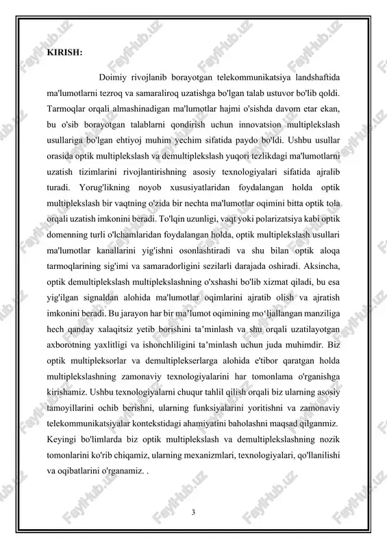 nechta ma'lumotlar oqimini bitta signalga birlashtirish orqali multiplekslash bir xil miqdordagi ma'lumotlarni uzatish uchun zarur bo'lgan jismoniy aloqa kanallari sonini kamaytiradi. bu resurslardan samaraliroq foydalanish va infratuzilma xarajatlarini kamaytirishga olib keladi. 3. yuqori tezlikdagi ma'lumotlarni uzatishni qo'llab-quvvatlash: yuqori tezlikdagi internet va ma'lumotlarni ko'p talab qiluvchi ilovalarning ko'payishi bilan tezroq ma'lumotlarni uzatish tezligiga bo'lgan talab sezilarli darajada oshdi. to'lqin uzunligi bo'linishi multipleksatsiyasi (wdm) va vaqtga bo'linadigan multiplekslash (tdm) kabi multiplekslash usullari ushbu ilovalarni qo'llab-quvvatlash uchun zarur bo'lgan yuqori tarmoqli kengligiga erishish uchun zarurdir. 4. masshtabni osonlashtirish: multiplekslash telekommunikatsiya tarmoqlarini ma'lumotlarni uzatishga bo'lgan talabni qondirish uchun osonlik bilan kengaytirish imkonini beradi. foydalanuvchilar soni va ma'lumotlar trafigining ko'payishi bilan, keng qamrovli infratuzilmani yangilash zaruratisiz tarmoq sig'imini kengaytirish uchun multiplekslash usullarini qo'llash mumkin. 5. konvergentsiyani yoqish: zamonaviy telekommunikatsiya tarmoqlarida har xil turdagi trafik, shu jumladan ovoz, video va ma'lumotlar bir xil infratuzilma orqali samarali uzatilishi kerak. multiplekslash usullari foydalanuvchilar uchun integratsiyalashgan xizmatlar va uzluksiz …