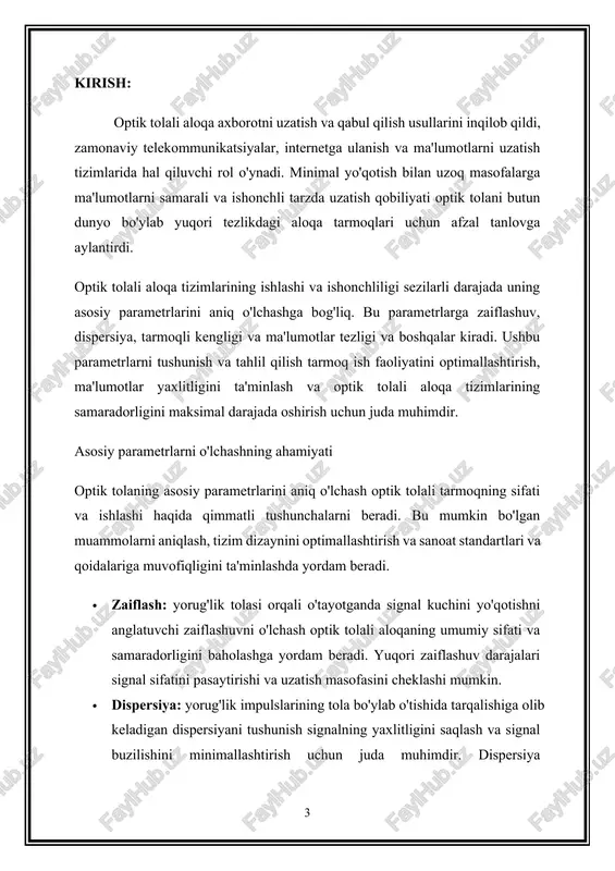 arining samarali va ishonchli ishlashini ta'minlashda ushbu o'lchovlarning muhim rolini qadrlashadi. 1. optik tolali aloqa haqida ma'lumot optik tolali aloqa - bu optik tolalar yordamida ma'lumot uzatish usuli bo'lib, ular odatda shisha yoki plastmassadan tayyorlangan juda shaffof materialning ingichka iplaridir. ushbu tolalar yorug'lik signallarini yuqori tezlikda va minimal yo'qotish bilan uzoq masofalarga ma'lumotlarni tashish uchun foydalanadi. optik tolali aloqa yuqori tezlikdagi internet, telefon xizmatlari, kabel televideniesi va boshqa ma'lumotlarni uzatish dasturlari uchun infratuzilmani ta'minlovchi zamonaviy telekommunikatsiyaning asosiga aylandi. asosiy tamoyil optik tolali aloqaning asosiy printsipi yorug'lik signallarini optik tolalar orqali uzatishdir. odatda lazerlar yoki yorug'lik chiqaradigan diodlar (led) tomonidan yaratilgan yorug'lik signallari tolaning bir uchiga yuboriladi va to'liq ichki aks ettirish orqali tolaning yadrosi bo'ylab harakatlanadi. yadro pastki sinishi indeksiga ega bo'lgan qoplama qatlami bilan o'ralgan bo'lib, yorug'lik signallarining yadro ichida chegaralanganligini ta'minlaydi va signal yo'qotilishini minimallashtiradi. optik tolali tizimning tarkibiy qismlari oddiy optik tolali aloqa tizimi quyidagi asosiy komponentlarni …