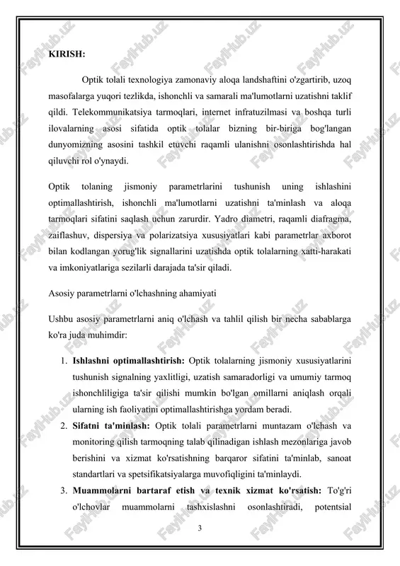 , ular odatda shisha yoki plastmassadan tayyorlangan juda shaffof materialning ingichka iplaridir. ushbu tolalar yorug'lik signallarini yuqori tezlikda va minimal yo'qotish bilan uzoq masofalarga ma'lumotlarni tashish uchun foydalanadi. optik tolali aloqa yuqori tezlikdagi internet, telefon xizmatlari, kabel televideniesi va boshqa ma'lumotlarni uzatish dasturlari uchun infratuzilmani ta'minlovchi zamonaviy telekommunikatsiyaning asosiga aylandi. asosiy tamoyil optik tolali aloqaning asosiy printsipi yorug'lik signallarini optik tolalar orqali uzatishdir. odatda lazerlar yoki yorug'lik chiqaradigan diodlar (led) tomonidan yaratilgan yorug'lik signallari tolaning bir uchiga yuboriladi va to'liq ichki aks ettirish orqali tolaning yadrosi bo'ylab harakatlanadi. yadro pastki sinishi indeksiga ega bo'lgan qoplama qatlami bilan o'ralgan bo'lib, yorug'lik signallarining yadro ichida chegaralanganligini ta'minlaydi va signal yo'qotilishini minimallashtiradi. optik tolali tizimning tarkibiy qismlari oddiy optik tolali aloqa tizimi quyidagi asosiy komponentlarni o'z ichiga oladi: 1. optik transmitter: ushbu komponent uzatiladigan ma'lumotni kodlash uchun yorug'lik signallarini ishlab chiqaradi va modulyatsiya qiladi. optik transmitterlarda ishlatiladigan umumiy yorug'lik manbalariga lazerlar va ledlar …
