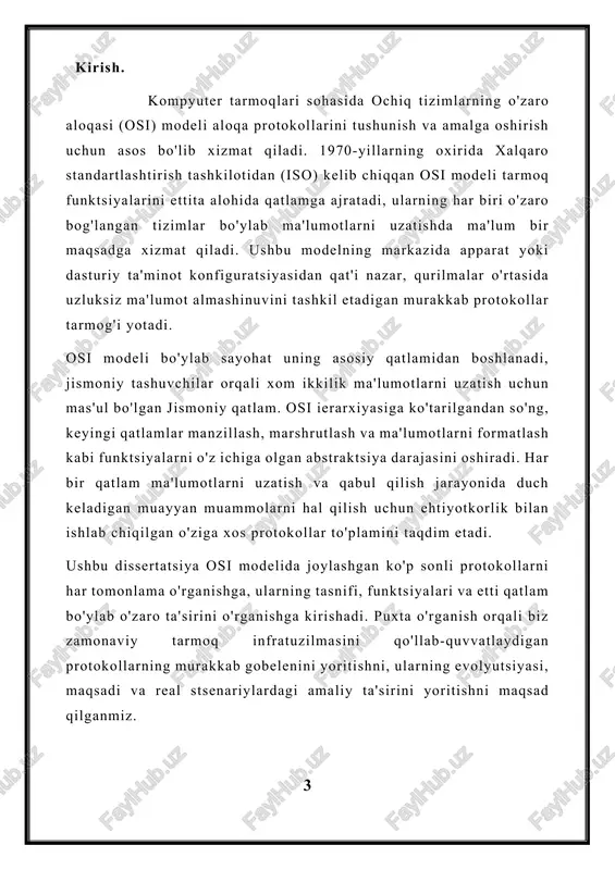 cp), user datagram protocol (udp) funktsiya: transport qatlami protokollari qurilmalar o'rtasida ishonchli va samarali uchdan-uchgacha aloqani ta'minlash uchun javobgardir. masalan, tcp jo'natuvchi va qabul qiluvchi o'rtasida virtual sxema o'rnatish orqali ishonchli, ulanishga yo'naltirilgan aloqani ta'minlaydi, ketma-ketlik, tasdiqlash va qayta uzatish kabi mexanizmlar orqali ma'lumotlar yaxlitligini ta'minlaydi. udp esa, ishonchlilikdan ko'ra tezlik va soddalikni birinchi o'ringa qo'yib, ulanishsiz, eng samarali yetkazib berish xizmatini taklif etadi. tarmoq sathi protokollari : misollar: internet protocol (ip), internet control message protocol (icmp) funktsiya: tarmoq sathi protokollari turli tarmoqlar bo'ylab ma'lumotlar paketlarini yo'naltirish va yo'naltirish bilan bog'liq. ip, ehtimol, tarmoqdagi qurilmalar o'rtasida paketlarni manzillash va yo'naltirish uchun mas'ul bo'lgan tarmoq sathining eng asosiy protokolidir. icmp, ma'lumotlarni uzatishda bevosita ishtirok etmasa ham, tarmoq xatolari haqida fikr-mulohazalarni taqdim etishda, tarmoq diagnostikasini osonlashtirishda va tarmoq tiqilib qolishini boshqarishda muhim rol o'ynaydi. ma'lumotlar havolasi sathi protokollari : misollar: ethernet, point-to-point protocol (ppp) funktsiya: ma'lumotlar havolasi sathi protokollari bir xil tarmoq …