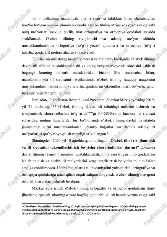da ham muhim o‘rin tutadi. ayniqsa, o‘zbek tilining yangi imlo qoidalari, talaffuz normalarining shakllanishi va ularning amaliyotga tatbiq etilishi tadqiqotning dolzarb yo‘nalishlaridan biri sanaladi.[footnoteref:2] [2: o‘zbekiston respublikasi prezidentining 2021-yil 6-apreldagi pq-5147-sonli qarori. o‘zbekiston respublikasida yangi o‘zbek alifbosining joriy etilishi va uning asosida ta’lim, ilm-fan va madaniyat sohalarida amalga oshiriladigan tadbirlar. toshkent: o‘zbekiston respublikasi prezidentining qarori, 2021. – 55-70 betlar. ] ushbu kurs ishida orfografiya va orfoepiyaning nazariy va amaliy jihatlari o‘rganilib, ularning o‘zaro bog‘liqligi tahlil qilinadi. shuningdek, o‘zbek tilida yozma va og‘zaki nutq me’yorlarini takomillashtirish bo‘yicha muhim xulosalar va tavsiyalar beriladi. kurs ishining dolzarbligi: hozirgi kunda o‘zbek tilining rasmiy maqomga ega bo‘lishi, uning davlat tili sifatida qo‘llanilishi va xalqaro miqyosda nufuzining oshishi til me’yorlariga qat’iy rioya qilish zaruratini tug‘diradi. til madaniyatining rivojlanishida orfografiya va orfoepiya muhim o‘rin tutib, yozma va og‘zaki nutqning aniq va tushunarli bo‘lishini ta’minlaydi. imlo qoidalarining to‘g‘ri o‘rgatilishi va talaffuz me’yorlariga amal qilinishi nafaqat ta’lim jarayoni, balki …