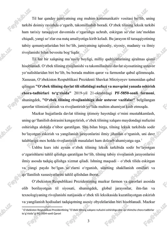 eksik eskirish va yangilanish jarayonlari turli sabablarga ko‘ra yuzaga keladi. eskirish jarayoni ko‘proq tarixiy o‘zgarishlar, madaniy va ijtimoiy transformatsiyalar natijasida ro‘y bersa, yangilanish jarayoni esa ilm-fan, texnologiya va globallashuv ta’siri ostida sodir bo‘ladi. o‘tgan asrlarda ishlatilgan ko‘plab so‘zlar bugungi kunda faol ishlatilmaydi yoki ularning ma’nosi o‘zgarib ketgan. shu bilan birga, zamonaviy texnologiyalar, yangi ijtimoiy munosabatlar va ilmiy taraqqiyot natijasida leksikaga yangidan-yangi so‘z va atamalar kirib kelmoqda. mazkur kurs ishi o‘zbek tili leksikasida eskirish va yangilanish jarayonlarini tadqiq qilishga bag‘ishlangan. ishning maqsadi – o‘zbek tilida leksik o‘zgarishlarning sabablarini tahlil qilish, eskirgan va yangi so‘zlarning paydo bo‘lish omillarini o‘rganish hamda til taraqqiyotiga ta’sir qiluvchi asosiy omillarni aniqlashdir. ushbu tadqiqot davomida quyidagi vazifalar belgilab olindi: · leksik eskirish va yangilanish jarayonlarining nazariy asoslarini o‘rganish; · eskirgan so‘zlarning turlarini va ularning iste’moldan chiqish sabablarini tahlil qilish; · o‘zbek tilida yangi so‘zlarning paydo bo‘lish mexanizmlarini o‘rganish; · jamiyat taraqqiyoti bilan bog‘liq holda leksik o‘zgarishlarning istiqbollarini …