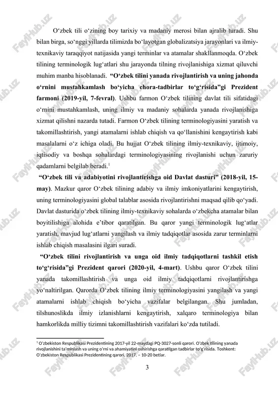 tishni o‘z ichiga oladi. farmonda tilni rivojlantirishning asosiy yo‘nalishlari, jumladan, o‘zbek tilidagi terminologiyani yangilash va to‘g‘ri qo‘llanilishiga oid masalalar belgilab qo‘yilgan. bu farmon o‘zbek tilining ilmiy va amaliy sohalarda yanada rivojlanishiga turtki beradi. terminologiya — bu ma’lum bir soha yoki fan bo‘yicha tushuncha va atamalarni aniq va to‘g‘ri ifodalash uchun yaratilgan maxsus til tizimidir. terminologik lug‘atlar esa bu tizimni tartibga solish va atamalarni izchil qo‘llash uchun muhim vositadir. oʻzbek tilining terminologik lug‘atlari ilmiy-texnik, ijtimoiy, iqtisodiy, tibbiy, san’at va boshqa sohalarda to‘plangan atamalarni o‘z ichiga oladi. shu bilan birga, o‘zbekistonning mustaqillikka erishishi, tilning davlat tili sifatida o‘rni va ahamiyatining ortishi, yangi zamon talablari asosida terminologiyaning shakllanishiga zamin yaratdi. kurs ishining dolzarbligi: o‘zbek tili mustaqillik davrida yangi bosqichga ko‘tarilib, o‘zining milliy xususiyatlarini saqlab qolish bilan birga, xalqaro tilshunoslik va terminologiya sohasidagi yangiliklarga ham moslashmoqda. shu sababli, o‘zbek tilining terminologik lug‘atlari, uning rivojlanishi va shakllanishi bugungi kunda dolzarb masalalardan biridir. globalizatsiya jarayonlari va …