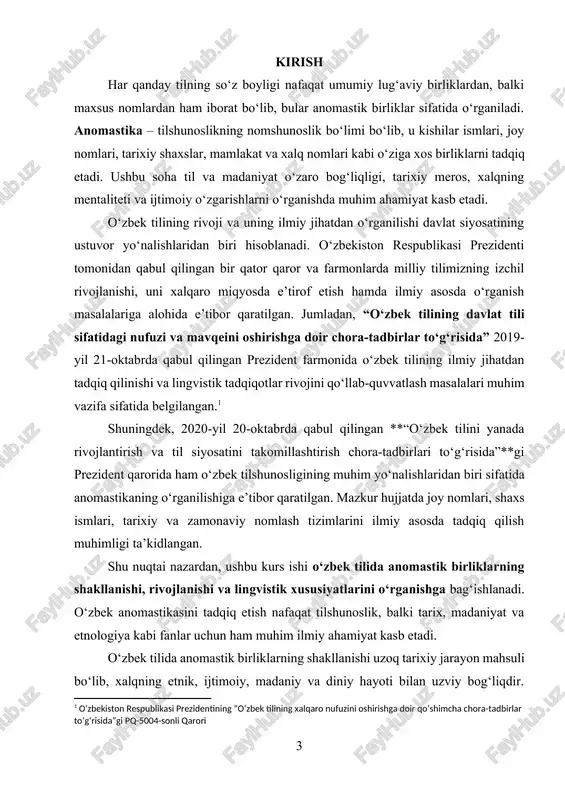 rs ishining dolzarbligi: anomastika tilshunoslikning muhim yo‘nalishlaridan biri bo‘lib, u inson ismlari, joy nomlari va boshqa nomlash birliklarini o‘rganadi. o‘zbek tilida anomastik birliklarning shakllanishi uzoq tarixiy jarayon mahsuli bo‘lib, xalqning madaniyati, tarixi va ijtimoiy hayoti bilan chambarchas bog‘liq. bugungi kunda globalizatsiya, madaniy almashinuv va til o‘zgarishlari jarayonida milliy anomastik birliklarning o‘rganilishi dolzarb masala hisoblanadi. shuningdek, yangi joy nomlari va shaxs ismlarining paydo bo‘lishi, tarixiy nomlarning tiklanishi kabi hodisalar tilshunoslar uchun qiziqarli tadqiqot yo‘nalishlaridan biridir. shu bois o‘zbek anomastikasini lingvistik va madaniy jihatdan o‘rganish muhim ahamiyat kasb etadi. kurs ishining maqsadi: ushbu kurs ishining asosiy maqsadi – o‘zbek tilida anomastik birliklarning shakllanishi, rivojlanishi va qo‘llanilish xususiyatlarini o‘rganishdir. shu bilan birga, anomastikaning turli yo‘nalishlari, xususan, antroponimika va toponimika masalalarini tahlil qilish, ularning lingvistik va semantik jihatlarini yoritish ham tadqiqotning maqsadlari qatoriga kiradi. bundan tashqari, o‘zbek anomastikasining adabiyot, publitsistika va boshqa sohalardagi o‘rnini o‘rganish ham ushbu ishning muhim yo‘nalishlaridan biridir. kurs ishining obyekti: …