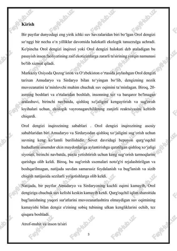 sabablari, ekologik va ijtimoiy-iqtisodiy taʼsiri va uni bartaraf etish boʻyicha koʻrilgan saʼy-harakatlarni oʻrganishga qaratilgan. ushbu misolni o'rganish orqali biz inson faoliyati va atrof-muhit tizimlarining o'zaro bog'liqligi, shuningdek, suv bilan bog'liq shunga o'xshash inqirozlarga duch kelgan qurg'oqchil mintaqalarda barqaror rivojlanish uchun muammolar va imkoniyatlar haqida tushuncha olishga intilamiz. tahlil va mulohaza yuritish orqali biz tez o'zgaruvchan dunyoda atrof-muhitni muhofaza qilish va resurslarni boshqarish bo'yicha davom etayotgan muloqotga hissa qo'shishga intilamiz. 1. dengiz ifloslanishiga hissa qo'shadigan muayyan hodisalar yoki faoliyatlarni tekshirish dengizning ifloslanishiga hissa qo'shadigan muayyan hodisalar yoki faoliyatlarni o'rganish ko'plab omillarni ochib beradi. mana bir nechta asosiy hissa qo'shuvchilar: neft to'kilishi: neft tankerlari, dengiz burg'ulash platformalari yoki quvurlar kabi turli manbalardan neftning to'kilishi dengiz ekotizimlariga jiddiy tahdid soladi. ushbu to'kilishlar baxtsiz hodisalar, oqish yoki ataylab tashlab yuborish natijasida yuzaga kelishi mumkin, buning natijasida dengiz muhitiga katta hajmdagi xom neft chiqariladi. yog 'dengiz yovvoyi hayotini qoplaydi, dengizning yashash joylarini buzadi va uzoq …
