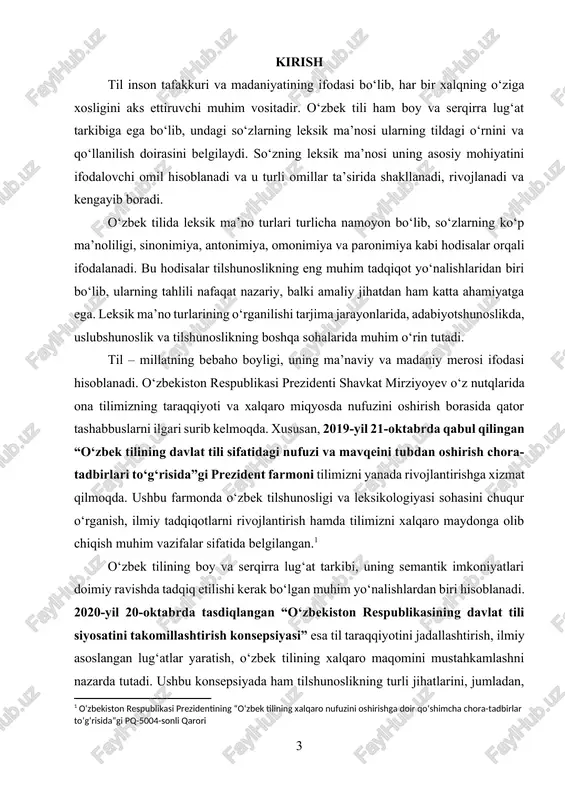 ida til doimiy o‘zgarish jarayonida bo‘ladi. o‘zbek tilining boy lug‘at tarkibini saqlab qolish va uni chuqur o‘rganish zarurati aynan shu jarayonlar bilan bevosita bog‘liqdir. shu bois ushbu tadqiqot o‘zbek tilshunosligi va tarjima nazariyasi nuqtayi nazaridan ham muhim ilmiy asos bo‘lib xizmat qiladi. ushbu kurs ishida o‘zbek tilida leksik ma’no turlarining nazariy va amaliy jihatlari tahlil qilinadi. tadqiqot davomida leksik ma’no tushunchasi, uning turlari, funksional xususiyatlari va qo‘llanilish doiralari o‘rganilib, misollar asosida tahlil qilinadi.[footnoteref:2] [2: o‘zbekiston respublikasi prezidentining “o‘zbek tilini 2030 yilgacha rivojlantirish va takomillashtirish bo‘yicha davlat dasturi to‘g‘risida”gi pq-5850-sonli qarori ] mavzuning dolzarbligi shundan iboratki, hozirgi kunda o‘zbek tilining rivojlanish jarayonida so‘z ma’nolarining o‘zgarishi va kengayishi kuzatilmoqda. bu esa tilshunoslik nuqtayi nazaridan ushbu mavzuni chuqur o‘rganish zaruratini yuzaga keltiradi. kurs ishida mavzu yuzasidan ilmiy manbalar tahlil qilinib, leksik ma’no turlarining o‘ziga xos jihatlari yoritiladi hamda ularning o‘zbek tilshunosligidagi o‘rni aniqlanadi. kurs ishining dolzarbligi: tilshunoslikda leksik ma’no tushunchasi muhim tadqiqot yo‘nalishlaridan …