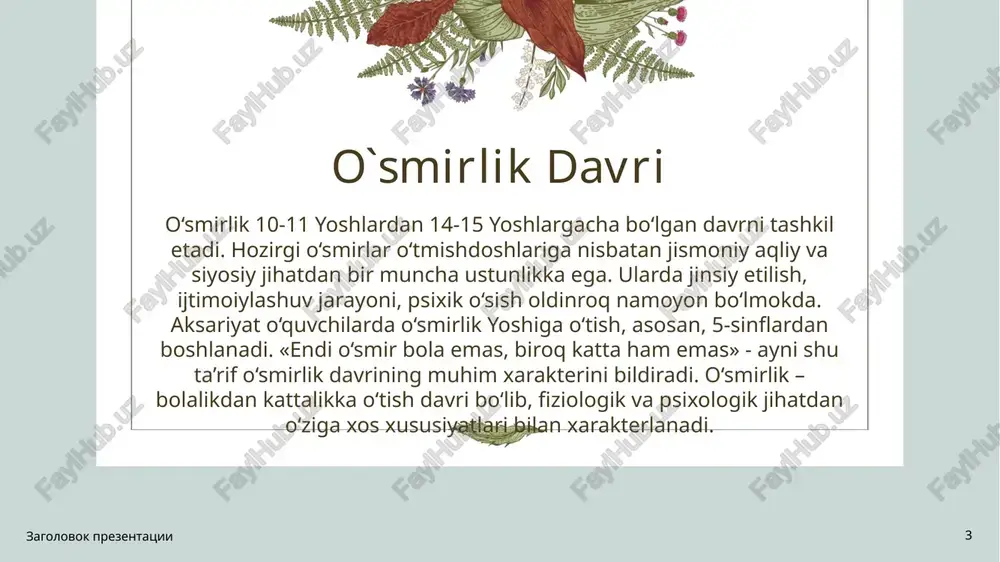smirda im koniyat bilan talabchanlik o‘rtasidagi kelishmovchilik, o‘zini ko‘rsatishga m oyillik va o‘z ichki dunyosiga qiziqishning namoyon bo‘lishi bilan tavsiflanishini asoslab berdilar. zagolovok prezentatsii 9 9 o`smirlik… 0 ‘smirlar mulohazasini tadqiq qihsh ularda ahloqiy tushunchalar baravar tarkib topmasligini ko‘rsatdi. a.i.maliovanov o‘smirlami to‘rtta guruhga ajratadi: 1) xatti-harakatda o‘zlari anglagan, ijobiy qoidalarga tayanib ish tutadigan, so‘zi bilan ishi mos o ‘smirlar; 2) axloqiy tushunchalari qiliqlariga mos keladigan o‘smirlar; 3) xatti-harakatlari axloqiy normalar haqidagi bilimlari bilan ajralib turadigan shu bilimlarga mos harakat qiimaydigan o4smirlar; 4) o'zlari biladigan axloqiy talablar bilan , kundalik xulq-atvorning aloqasini tushunmaydigan o`smirlar zagolovok prezentatsii 10 10 o`smirlik davri 0 ‘smirlik davri xususiyatlarini tadqiq qilgan d.b.elkonin va t.v.dragunovning ta’kidlashicha, o‘g ‘il va qizlaming bu yoshda o krtoqlari bilan munosabatlarga intilishi, tengdoshlari jamoasining hayotiga qiziqishi yorqin namoyon bolladi. 0 ‘smirlaming o‘rtoqlik va do'stlik tuyg'ulari o‘zaro munosabatlarini o‘rgangan i.v.straxov, ulaming o‘zaro munosabatlarini uchta shaklga: ulfatchilik, olrtoqlik va do‘stlikka bo‘ladi zagolovok prezentatsii 11 …