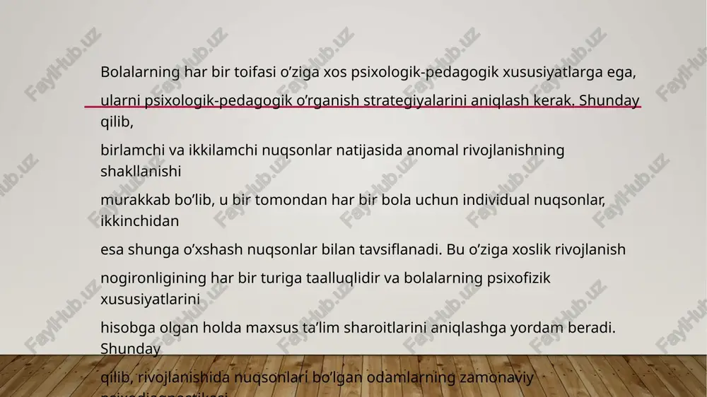 asos boʻlishi mumkin. masalan, bolaning faqat chap qulogʻi eshitsa-yu, bu nuqson uning har tomonlama rivojlanishiga taʼsir etmaydigan, u umumiy maktab sogʻlom tengdoshlari qatori oʻzlashtiradigan boʻlsa, u anomal bolalar qatoriga kirmaydi. katta yoshdagi kishilarda maʼlum sabablarga koʻra paydo boʻlgan nuqsonlar ham ularning umumiy rivojlanishiga taʼsir etmasa bu insonlarni anomal deb hisoblash mumkin emas. anomaliyalarning kelib chiqish sabablari har qanday anomal rivojlanish markaziy yoki periferik nerv sistemasidagi organik yoki funksional oʻzgarishlarga aloqador boʻlishi mumkin. bola rivojlanishidagi turli xil kamchiliklar noqulay muhit, notoʻgri tarbiya, taʼlim natijasida ham vujudga kelishi mumkin. masalan, noqulay oilaviy sharoit, pedagogik qarovsizlik, oʻqituvchining bolaga notoʻgri munosabati va boshqa koʻplab sabablar bola rivojlanishiga salbiy taʼsir koʻrsatib, uning dastur materiallarini yaxshi oʻzlashtira olmasligiga sabab boʻladi. ammo biz bu bolani anomal bolalar qatoriga kiritolmaymiz, chunki undagi kamchiliklar organik yoki funksional patologik oʻzgarishlarga bogʻliq boʻlmagan hisoblanadi. turmushda orttirilgan anomaliyalar bola organizmiga tugʻilish vaqtida va undan keyingi davrlarda zararli omillar taʼsir etishi natijasida vujudga …