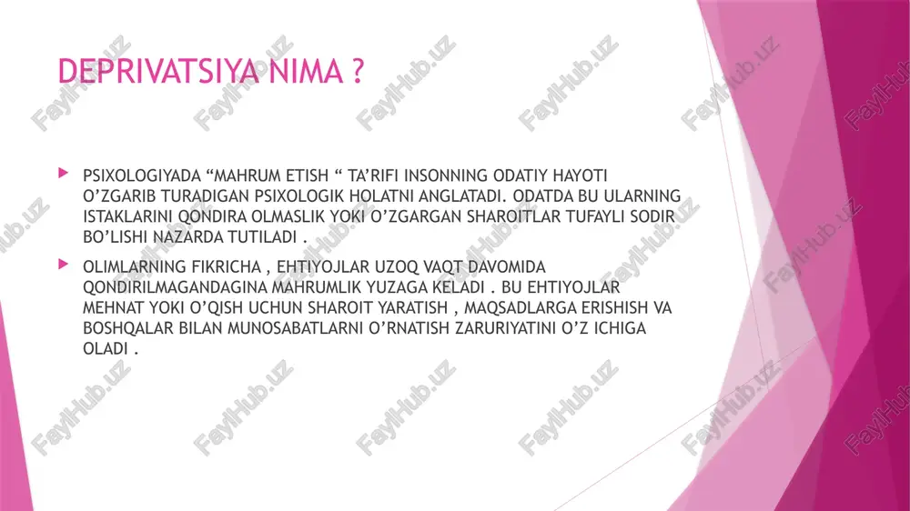 ini rivojlantirish amaliyotlari uchun ishlatiladigan sensor deprivatsiya turlari hisoblanadi sensor deprivatisiya oʻtkaziladigan vaqt oshgani sayin, beqaror aqliy faoliyat bosqichida, hissiy labillik pasayish bosqichi namoyon boʻladi yaʼnikim letargiya, depressiya, apatiya, bu qisqa vaqt ichida eyforiya, asabiylashishga aylanadi. sensor deprivatsiya sharoitlari qanchalik ogʻir boʻlsa, fikrlash jarayonlari tez buziladi, bu esa diqqatni bir yerga jamlay olmaslik, muammolar haqida izchil fikr yuritishda namoyon boʻladi. ular oddiy aqliy harakatlarni bajarishda pasayishlar kuzatilishi bilan namoyon boʻladi. . hissiy mahrumlik ushbu turdagi mahrumlikni tashxislash juda qiyin , chunki u o’zini turli yo’llar bilan namoyon qilishi mumkin . bolalar hissiy mahrumlikni eng qiyin darajasini boshdan kechiradilar , chunki ularda kognitiv hissiy va ijtimoiy rivojlanishda muammolar mavjud ushbu turdagi mahrumlik asabiylashishning paydo bo’lishiga yordam beradi , tez tez to’qnashuvlar , psixozlar , qo’rquv va depressiyaga olib keladi . xotira va nutq ham yomonlashish holatlari kuzatilishi mumkin . hissiy mahrumlik hissiy mahrumlikning qisqa davrlari odamga tinchlantiruvchi taʼsir koʻrsatadi, ichki ongsiz …