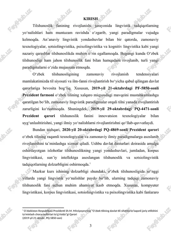 vlarni olib kirdi. ushbu jarayonlarni chuqur o‘rganish, ularning o‘zbek tilshunosligiga ta’sirini tahlil qilish va istiqbolli yo‘nalishlarini aniqlash muhim ilmiy vazifalardan biri hisoblanadi. kurs ishining maqsadi: ushbu kurs ishining maqsadi – o‘zbek tilshunosligida shakllanayotgan yangi lingvistik paradigmalarni o‘rganish, ularning nazariy asoslarini tahlil qilish hamda zamonaviy tilshunoslik fanidagi o‘rnini aniqlashdan iborat. bundan tashqari, yangi paradigmalar va til taraqqiyoti o‘rtasidagi bog‘liqlikni ochib berish ham ushbu tadqiqotning asosiy maqsadlaridan biridir. kurs ishining obyekti: ushbu kurs ishining obyekti – o‘zbek tilshunosligida shakllanayotgan yangi lingvistik paradigmalar va ularning ilmiy-nazariy asoslari, rivojlanish tendensiyalari hamda amaliy qo‘llanilishidir. kurs ishining predmeti. kurs ishining predmeti sifatida korpus lingvistikasi, kompyuter lingvistikasi, sotsiolingvistika, psixolingvistika va kognitiv lingvistika kabi zamonaviy lingvistik yo‘nalishlarning o‘zbek tilshunosligiga ta’siri va ularning tahlili o‘rganiladi. kurs ishining vazifalari: · lingvistik paradigmalar tushunchasini nazariy jihatdan ochib berish; · o‘zbek tilshunosligida ilgari surilgan asosiy paradigmalarni tahlil qilish; · zamonaviy lingvistik yo‘nalishlar, xususan, korpus lingvistikasi, kompyuter lingvistikasi, sotsiolingvistika, psixolingvistikaning o‘zbek tilshunosligidagi o‘rnini …