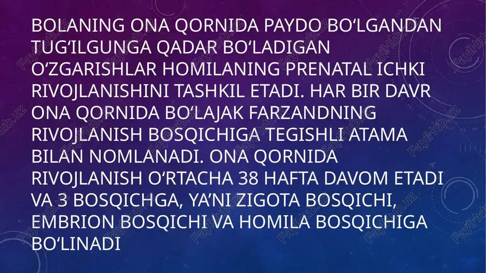 ining onaga sezilishi. 4. homila boshida soch qoplanishining hosil bo‘lishi . 5. so‘rish va yutish faoliyati. 6. bosh miyaning maxsus faoliyati. 7. homilaning hayotchan davri. 8. og‘irligini tezda ko‘paytirib olishi. 9. tug‘ruq. bolaning ona qornidagi o’sish davri onaning organizmiga uzviy bog‘liq holda kechadi. chaqaloqning barcha hayotiy funktsiyalari – ovqatlanish, nafas olish, nafas chiqarish, havo haroratining o’zgarishiga va atmosferadagi moddalar almashinuviga moslashish va hokazolar onaning organizmi orqali amalga ishadi. chaqaloqning tug‘ilishi sifat o’zgarish daqiqasni ijtimoiy rivojlanishning yangi ko’rinishi boshlanadigan nuqta ekanligi bilan muhim ahamiyatga etadir chaqaloqda ona organizmi bilan anatomik, morfologik va konstitutsiyaviy bog‘liqlik davri tugagan bo’lsa-da, biroq u dastlabki daqiqalardan boshlaboq mustaqil ayta olmaydi, onaga fiziologik jihatdan tobeligacha qolaveradi. chaqaloq uchun organizmi talab qiladigan ovqat, oqsillar mazkur o’sish pallasida ona suti orqali borib turadi. bola onaning qornida mo’tadil haroratda, oziq yetarli darajadagi sharoitda, hatto, organizmning funktsional holati ham ona organizmiga bevosita bog‘liq holda yashagan bo’lsa, tug‘ilishi bilanoq birdaniga yangi, murakkab, …