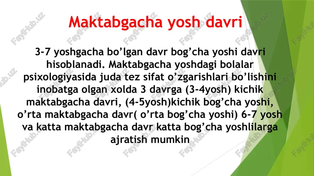 larini to‘la idrok eta olmasliklarini unutmasliklari kerak. bundan tashqari, bolalarda murakkab nutq tovushlarini bir-biridan farq qilish qobiliyati ham hali to‘la takomillashmagan buladi. tili chuchuklikni tuzatishning eng muhim shartlaridan biri, bola bilan to‘la va to‘g‘ri talaffuz etib, ravon til bilan gaplashishdir. foydalanilgan adabiyotlar 1. e.g‘oziev “ontogenez psixologiyasi” t-2010 y. 400 b3. 2.do‘stmuxamedova sh.a nishonova z.t., jalilova s.x. karimova sh.k. alimbaeva sh.t.”yosh va pedagogik psixologiya” darslik t.: tdpu, 2013 3. rasmlar internet saytlaridan olindi eʼtiboringiz uchun rahmat image1.jpeg image2.jpeg image3.jpeg image4.jpeg image5.jpeg image6.jpeg image7.jpeg /docprops/thumbnail.jpeg