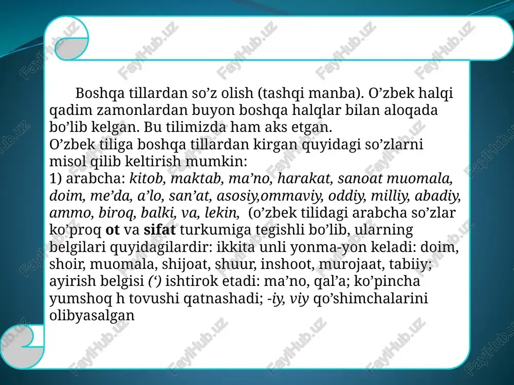 ndalik hayotda ishlatilmaydigan bo’lib qolgan so’zlardir. jamiyat to’xtovsiz rivojlanib boradi. yillar o’tishi bilan mehnat qurollari, kiyim-kechak, uy jihozlarining yangi nusxalari paydo bo’ladi, eskilariningba’zilari ishlatilmaydigan bo’lib qoladi, natijada ularni ifodalovchi so’zlar hambora-bora juda kam qo’llanadi yoki istebmoldan chiqib ketadi. eskirgan so’zlar ikkita guruhga ajratiladi: a) tarixiy so’zlar – hozirda mavjud bo’lmagan narsa-hodisalarning iste’moldan butunlay chiqib ketgan nomlaridir; bunda so’z o’zi ifodalagan tushuncha bilan birgalikda eskiradi: migboshi, ellikboshi, kanizak, omoch, dodhoh, mumsik, xalfa, mo’ndi… b) arxaik so’zlar hozirda mavjud bo’lgan narsa-hodisalarning eskirib qolgan atamalaridir; bunda so’z eskiradi, lekin tushuncha eskirmaydi, u boshqa so’z bilan ifodalanadigan bo’lib qoladi. bunday so’zlar iste’moldan chiqish arafasida turgan, hozirgi tilda sinonimi bo’lgan so’zlardir (qavs ichida hozirgi tildagi sinonimlari berilgan): rayon (tuman), ekspress (tezyurar), oblast (viloyat), vrach (shifokor), xirurg (jarroh), injener (muhandis), redaktor (muharrir), redaksiya (tahririyat), ulus(xalq), bitik (yozuv)… 5) yangi paydo bo’lgan so’zlar – fan, texnika va san’atning rivojlanishi bilan tilda yangi paydo bo’lgan tushunchalarning nomlarini ifodalovchi …