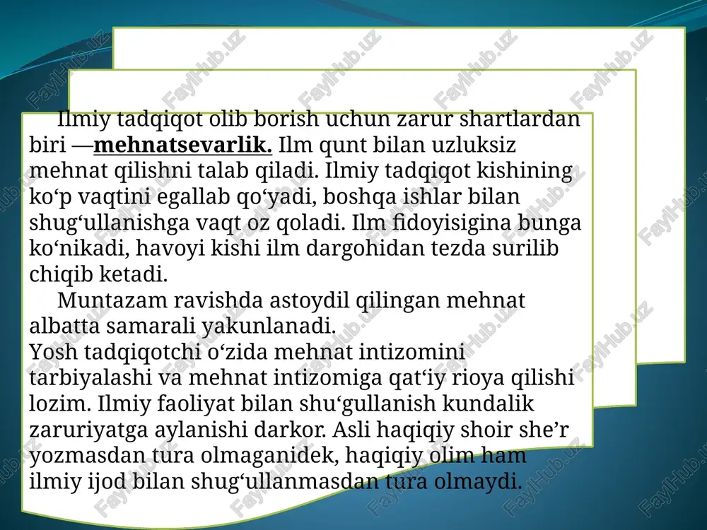 . xulosalashning maqsadi ma’lumotni mutanosib hajmga keltirish bo‘lsa, perefrazalash esa muhim ma’lumotlarni boshqacha shaklda berib o‘tishdan iborat. misol uchun, quyidagi gaplarga e’tibor bering: 18-asrda, fransiya va germaniyadan oldin, britaniyada sodir bo‘lgan industrial inqilob to‘g‘risida ko‘plab munozaralar davom etib kelmoqda.ushbu gapni quyidagicha perefrazalash mumkin:industrial inqilobning nima sababdan boshqa joyda emas, balki aynan britaniyada sodir bo‘lgani hozirgi kunga qadar tortishuvli savollardan biri bo‘lib kelmoqda odatda ta’sirchan perefraza: asl manbadan o‘z shakliga ko‘ra farqlanadi asl manbadagi so‘zlarning sinonimlaridan iborat bo‘ladi asosiy ma’noni saqlagan bo‘ladi asl manbadagi ba’zi bir qismlarni o‘zida mujassamlashtiradi (misol uchun “industrial inqilob”, “18-asr”) perefrazalash va uning yo‘llari (usullari): a) so‘zlarning sinonimlarini qo‘llash orqali: aytadi > keltirib o‘tadi; 18-asr > 1700-yillar; tejamoq > kam xarajat qilmoq b) so‘z turkumlarini o‘zgartirish orqali: izoh (ot) > izohlamoq (fe’l); foyda keltiradigan, foydali (sifat) > foyda (ot) c) so‘zlar ketma-ketligini o‘zgartirish orqali: britaniya industrial inqilobining asosiy sabablari talabni tahlil qilish orqali o‘z yechimini topishi mumkin. …