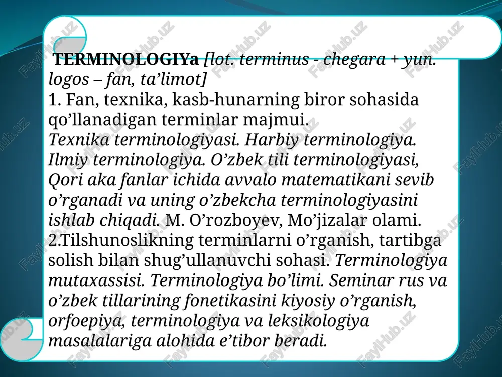 egizga so’z yasovchi qo’shimchalar qo’shiladi va yangi terminlar hosil bo’ladi: iste’molchi, tadbirkor, taqsimot. sintaktik usul bilan termin yasashda birikmali terminlar hosil qilinadi: sifat+ot yalpi mahsulot, sof daromad, sifatdosh+ot: kechiktirilgan talab. semantik usul bilan termin yasashda ma’no ko’chishining metafora usuli asosiy rolni o’ynaydi: yig’ma ko’rsatkich, pul massasi, o’rmalovchi inflyatsiya. hozirgi bosqichda barcha sohasida qo‘llanayotgan tub terminlarning soni yuzdan ortiqdir. bular jumlasiga: asli o‘zbekcha (ba’zilari umumturkiy) yoki o‘zlashma (ular o‘zi doir tilda yasama yoki qo‘shma bo‘lishidan qat’i nazar, o‘zbek tilida morfematik qismlarga ajratilmasligi tufayli tub maqomini oladi) terminlar kiradi. mana shunday tub, ya’ni noyasama terminlar sirasiga quyidagilarni misol qilib keltirish mumkin: garov, ish, buyum, boy, bozor, qiymat, narx, qarz, raqobat, savdo, tarif, tovar, zayom, veksel, broker, demping, depozit, grant, davlat, fond, poshlina, bank va b. /docprops/thumbnail.jpeg