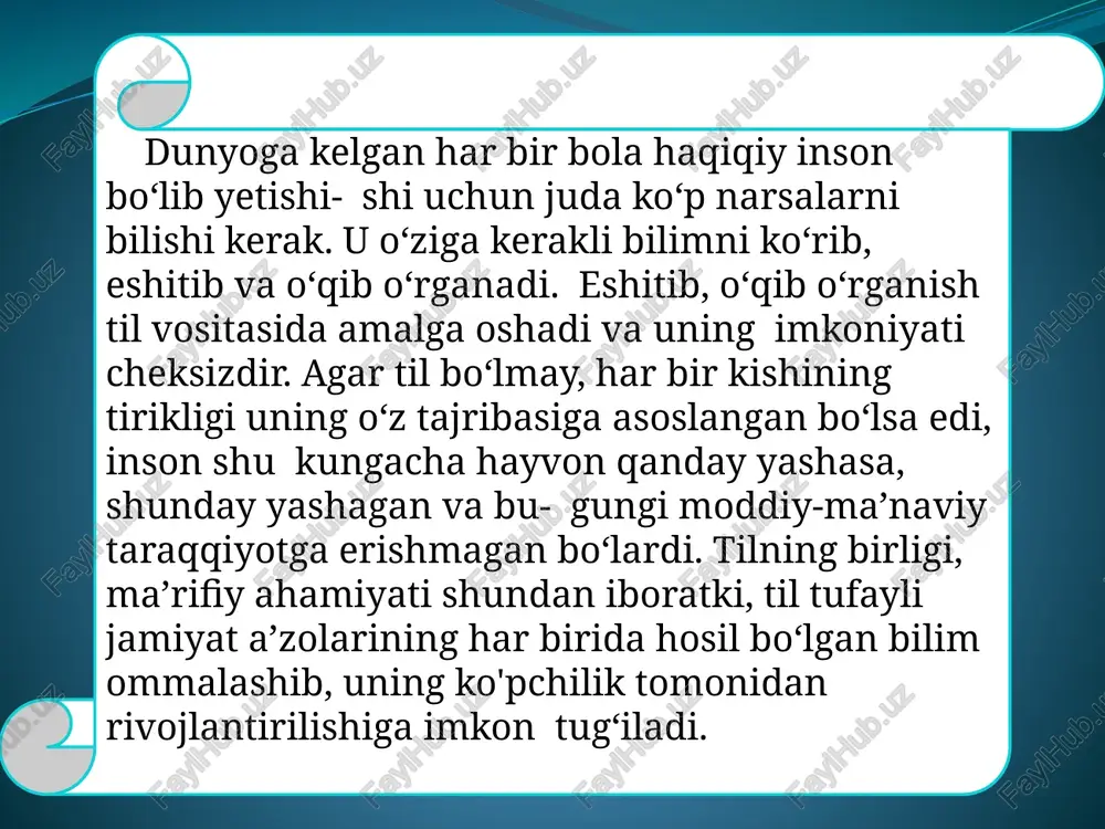 lgan jurnal, gazetalar kirmaydi) hisobga olsak, biz yana lotin yozuviga oʻtishda qanchadan-qancha adabiyotdan yiroqlashishimiz mumkinligi ayon boʻladi. lotin yozuviga koʻchish lekin, dunyoning eng rivojlangan mamlakatlari (ularni sanab oʻtirishning hojati yoʻq) lotin yozuvidan foydalanadilar. shuning uchun ham hozirgi eng zamonaviy texnika, tabiiy fanlar yoki ijtimoiy tadqiqotlar haqidagi adabiyotlar shu yozuv asosida yoritiladi. bmt, unesco va boshqa xalqaro tashkilotlarning xabar qilishlaricha, yangi texnika, texnologiya va fanga tegishli adabiyotlarning 80 foizi lotin yozuvida chop etilar ekan. demak, oʻzbekistonni dunyoning rivojlangan mamlakatlari qatoriga qoʻshilishi uchun lotin yozuviga oʻtish maqsadga muvofiqdebtopilganligisababli oʻzbekistonda hozirgikundalotiyozuvigaasoslangano’zbekalifbosidanfoydalanilmoqda.. o‘rta osiyoning chor rossiyasi tomonidan bosib olinishi tufayli 1929-yilda lotin yozuviga asoslangan o‘zbek alifbosiga o‘tildi. 1940-yildanesa, krill alifbosijoriyqilindi. 1991-yildan o‘zbekiston tarixida yangi davr boshlandi. biz o‘z mustaqilligimizni qo‘lga kiritdik va o‘zbek tiliga davlat tili maqomiberildi. shu bilan bir qatorda, 1993-yil 2-sentyabrdan lotin yozuviga asoslangan yangi o‘zbek alifbosiga o‘tish haqida qaror qabul qilindi. ushbu qarorga muvofiq, 2005-yildan respblikamizda lotin alifbosiga asoslangan yangi o‘zbek …