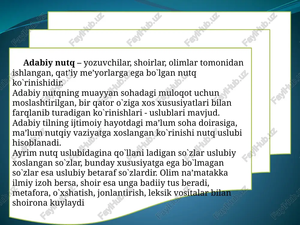 ga amal qilishdan iboratdir. nutq madaniyati tushunchasining aniq mavjud hodisa ekanligi, ko’rib o’tilganidek, uning adabiy til va adabiy til madaniyati bilan bog’liqligida bo’lsa, ikkinchi tomondan, kishilarning kundalik nutqiy faoliyati bilan aloqadorligidadir. adabiy til va uning normativ vositalari, ulardan foy-dalanish haqidagi qoidalar barcha uchun bir xilda majburiy, yagona va umumxalqiydir. ularni har kim o’zicha, o’zi bilganicha o’zgartirib qo’llashi mumkin emas. masalan, kitob so’zini ba'zilarning kitop, boshqa birovlarning kitab yoki kutop tarzida noto’g’ri yozishiga yo’l qo’yilmaydi. shuningdek, yo’q, xol so’zlarini boshqa birovlarning jo’q, qol tarzida noto’g’ri talaffuz qilishiga ham yo’l qo’yilmaydi va b. demak, til madaniyatiga amal qilish o’sha tilda yozadigan yoki so’zlaydigan barcha kishilar uchun bir xilda tegishlidir. shu sababli ham nutq madaniyati sohasida yozma nutq madaniyati, og’zaki nutq madaniyati deyilgan tushunchalar mavjud. bu tushunchalar o’zida yozma va og’zaki nutq shakllari oldiga qo’yiladigan nutq madaniyati talablarini ifodataydi. yozma nutq doirasiga ilmiy nutq, rasmiy nutq, publitsisgik nutq, qisman badiiy nutq, shuningdek radio …