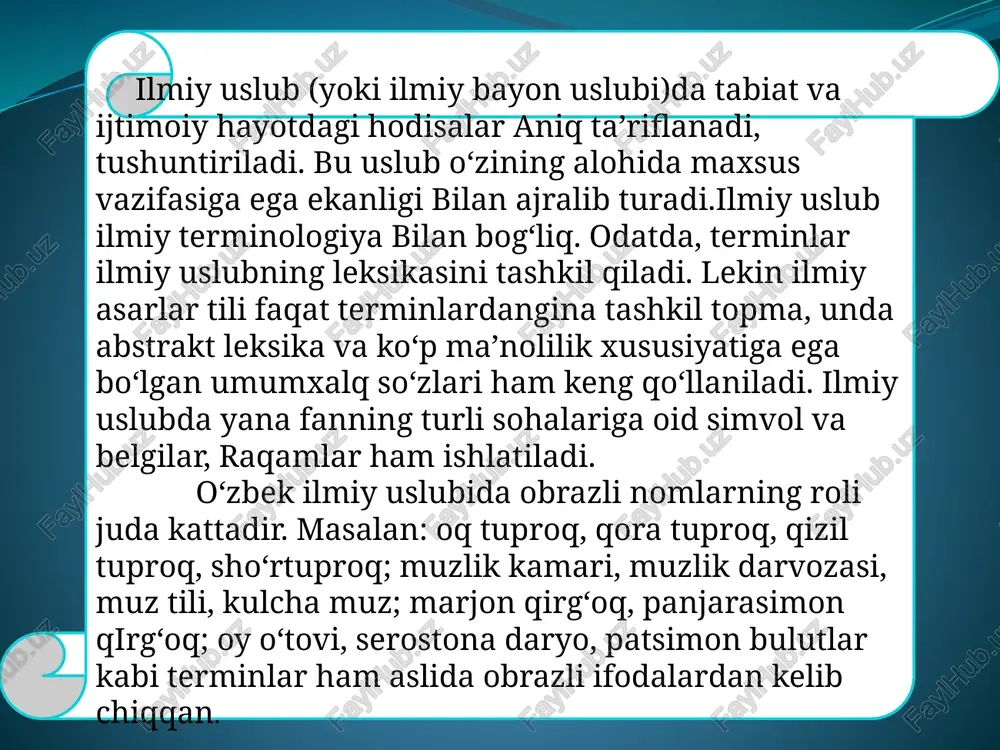 rivojlantiradi, yoki ulardan kelib chiqadigan fikrlarni xulosalaydi. shunday ekan, keyingi gapni oldingi gap bilan to‘g‘ri bog‘lash muhimdir. gaplar bir-birlari bilan xilma-xil sintaktik vositalar orqali bog‘lanadi. bilib oling. ixtisoslikka oid so‘zlarni nutqda to‘g‘ri tanlash va qo‘llash ham nutq madaniyatining, ham kasbiy bilimdonlikning muhim sharti hisoblanadi. so‘z tanlashda quyidagilarga e’tibor beriladi: -so‘zning lug‘aviy ma’nosini bilgan holda tanlash; -tanlangan so‘zni aniq talaffuz eta olishni nazarda tutish; -so‘zning suhbatdoshlarga tushunarli bo‘lishini hisobga olish; -so‘zning ma’no xususiyatlariga asoslanib uni nutq maqsadiga muvofiq tarzda tanlash; -so‘zni matn mazmuniga mos tarzda tanlash; -baynalmilal atamani adabiy tilning leksik me’yoriga muvofiq holda tanlash; -so‘z, atamani matnning uslubiy xususiyatiga mos ravishda tanlash. maqola - tahliliy jurnalistikaning yetakchi janri sifatida. uning tarixiy ildizlari. maqola janrining asosiy xususiyatlari, o’ziga xosligi va boshqa janrlardan farqli tomonlari. unga qo’yiladigan talablar va bajarishi lozim bo’lgan vazifasi. maqola janrining turlari:tashviqiy, muammoli, ilmiy-ma'ifiry, diniy-ma'rifiy, ko’ngilochar maqolalar. tashviqiy maqola. janr xususiyatlari. o‘zbek jurnalistikasida tashviqiy maqolalarning eng yaxshi namunalari. …