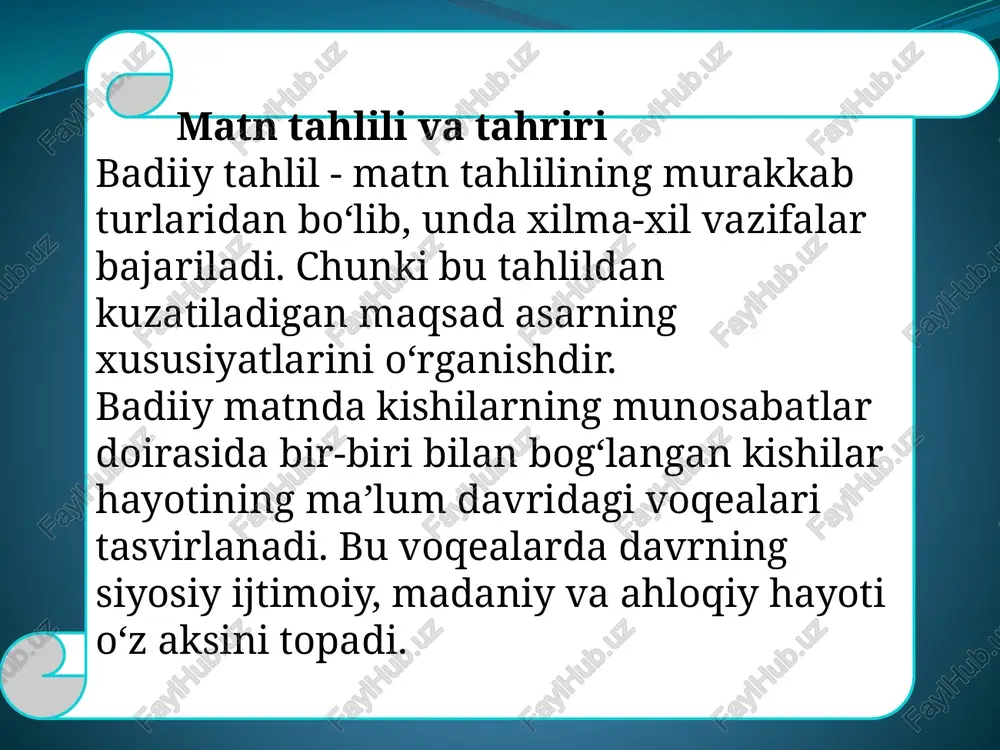 so’z tarkibiga yo’l qo’yilmaydi. matn ko‘rinishlari 2 xil bo‘lib, ular mikromatn va makromatndir. bir necha gaplarning o‘zaro grammatik va mazmuniy bog‘lanishidan tashkil topgan, mazmuniy yaxlitlikga ega bo‘lgan qo‘shma gaplarga nisbatan yirikroq yozma va og‘zaki nutq parchasi mikromatn deyiladi. bir umumiy mavzu ostida birlashgan bir necha mikromatnlardan tashkil topuvchi yaxlit asarga makromatn deyiladi. matnning turlari ham 2 xil: ma’lumotnoma matni va ijodiy-tavsifiy matn. ma’lumotnoma matnida bo‘lib o‘tgan voqea-hodisa yoki mavjud holat haqida oddiy axborot beriladi. ijodiy-tavsifiy matn so‘zlovchi yoki yozuvchi tomonidan ijodiy ravishda bayon etilgan voqea-hodisa, narsa yoki shaxsning tasviri yoki xabar, ma’lumotning ijodiy-tavsifiy bayonidir. ilmiy, publitistik va badiiy uslublar, shuningdek, insho ham ijodiy-tavsifiy matnning ko‘rinishlaridir. dialogik matnning ma’no munosabatiga ko‘ra turlari. dialog ( yun. dialogos – gaplashish, suhbat) - 1) ikki yoki undan ortiq kishining nutqiy muloqoti, suhbat; 2) adabiy – badiiy matn komponenti, asardagi personajlarning nutqiy muloqoti berilgan o‘rinlar. hozirgi zamon prozasi rivoya, tavsif va dialogdan tarkib topadi; zamonaviy …
