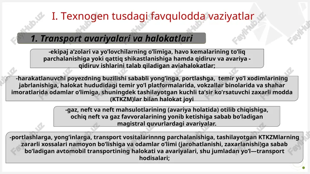 an suv urib ketishi natijasida vujudga kelgan hamda suv bosgan hududlarda odamlar o’limiga, sanoat va qishloq xo’jaligi obyektlari ishini, aholi hayot faoliyatining buzilishiga olib kelgan va shoshilinch ko’chirish tadbirlarini talab qiladigan halokatli suv bosishlari. 6. radioaktiv va boshqa xavfli hamda ekologik jihatdan zararli moddalardan foydalanish yoki ularni saqlash bilan bog’liq avariyalar: -atrof-muhit va odamlar salomatligi uchun xavf tug’diruvchi radioaktiv chiqindilar to’plagichlardagi, chiqindi xonalardagi, shlak to’plagichlardagi va zaxarli moddalar ko’miladigan joylardagi avariyalar (o’pirishlar); vash logotip ili nazvanie ii. tabiiy turdagi favqulodda vaziyatlar 1. geologik xavfli hodisalar 2. gidrometeorologik xavfli hodisalar 3. favqulodda epidemiologik, epizootik va epifitotik vaziyatlar 1. geologik xavfli hodisalar: odamlar o’limiga, ma’muriy - ishlab chiqarish binolarini, texnologik asbob-uskunalarning, energiya ta’minoti, transport kommunikatsiyalari va infratuzilma tizimlarining, ijtimoiy yo’nalishdagi binolarning va uy-joylarning turlicha darajada buzilishiga, ishlab chiqarish va odamlar faoliyatining izdan chiqishiga olib kelgan zilzilalar 2. gidrometeorologik xavfli hodisalar:odamlar o’limiga, aholi punktlarinig ba’zi sanoat va qishloq xo’jaligi obyektlarini suv bosishiga, infratuzilmalar …