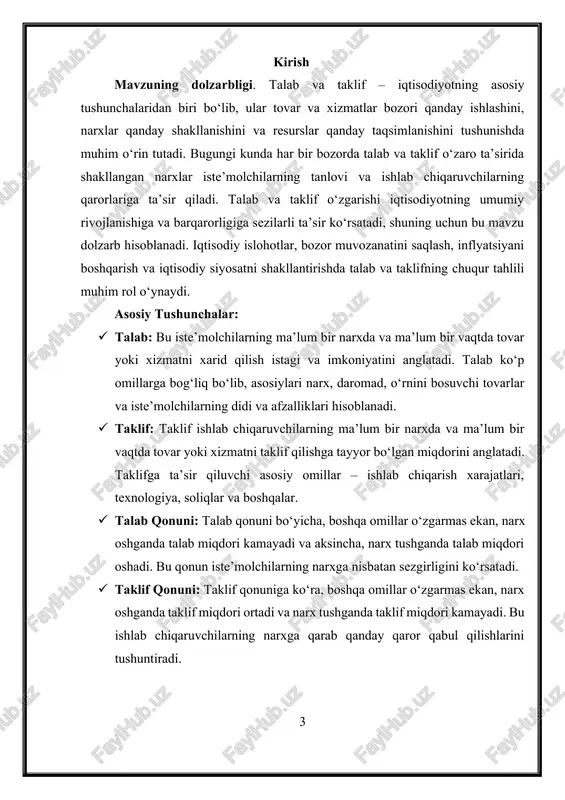 m beradi va iqtisodiy qarorlarni qabul qilish jarayonida asosiy vosita bo‘lib xizmat qiladi. talab va taklif iqtisodiyotning asosiy mexanizmlaridan biri bo‘lib, ular bozorning qanday ishlashini, resurslar qanday taqsimlanishini va narxlar qanday shakllanishini belgilaydi. ularning iqtisodiy ahamiyati quyidagi asosiy jihatlar orqali namoyon bo‘ladi: narxlarning shakllanishi: talab va taklifning o‘zaro ta’siri tovar va xizmatlarning narxlarini shakllantiradi. narx talab va taklif egri chiziqlarining kesishgan nuqtasida, ya'ni muvozanat nuqtasida belgilanadi. ushbu narx bozordagi barqarorlikni ta’minlaydi va bozordagi ishtirokchilarning qarorlarini boshqaradi. bozor muvozanatini ta’minlash: talab va taklif o‘rtasidagi muvozanat bozorning barqarorligiga olib keladi. muvozanat nuqtasida ishlab chiqarilgan mahsulotning miqdori iste’molchilarning talabiga mos keladi, bu esa tovar yoki xizmatning yetishmovchiligi yoki ortiqchalik xavfini kamaytiradi. bozordagi muvozanat narxlar orqali saqlanadi: agar talab oshsa, narxlar oshadi va aksincha. iste’molchilarning ehtiyojlarini qondirish: talab va taklif mexanizmi orqali bozor iste’molchilarning ehtiyojlarini qondirishga xizmat qiladi. narxlar iste’molchilar uchun ma'lumot beradi, ularning qaysi mahsulotlarni sotib olishlari va qaysi xizmatlarga ko‘proq talab borligini …