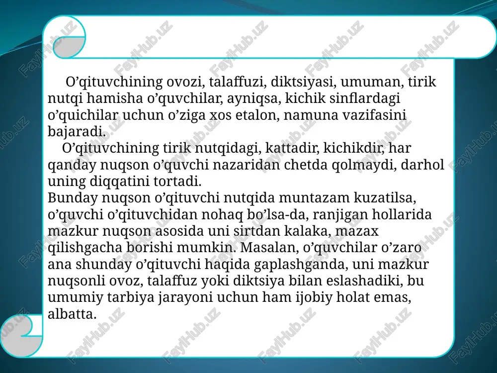miz. bu qoida quyidagichadir: o’quvchilar bilan shunday muomilada bo’lingki, ular bu muomiladan o’zlarining ahamiyatliroq ekanini his qilishsin. boshqalarning ko’z o’ngida ahamiyatli bo’lish xohishi inson tabiatining eng asosiy belgilaridan biridir. chunki kattalarning o’z suhbat mavzusi bo’lgani kabi, bolalarning ham to’lib-toshib gapiradigan mavzulari bo’ladi. shuning uchun ko’pni ko’rgan kishilar bolalar bilan bola bo’lib, keksalar bilan keksa bo’lib suhbat qurishga harakat qiladilar. notiqning ovozida quyidagi xususiyatlar bo’lmog’i lozim: - jarangdorlik - keng diapazonlilik; - xavodorlik; - ixchamlik; - chidamlilik; - moslashuvchanlik; - qarshi to’lqinlarga nisbatan barqarorlik. nutq texnikasi deyilganda nutqni tinglovchi yoki o’quvchiga yetkazishda qo’llaniladigan vositalar tushuniladi. nutq ikki xil ko’rinishda bo’lganidan uning texnikasini ikki xil ko’rsatish mumkin: 1.og’zaki nutq texnikasi; 2.yozma nutq texnikasi. og’zaki nutq texnikasi – bunda tovush, bo’g’in, so’zlarni, uning shakllarini talaffuz etishni yaxshilash borasida nutq organlarini faollashtiruvchi mashqlarni anglatadi. yozma nutq texnikasi - bu nutq texnikasi o’z mohiyatiga ko’ra ikki turga bo’linadi: a) har qanday yozma nutq xat boshidan …