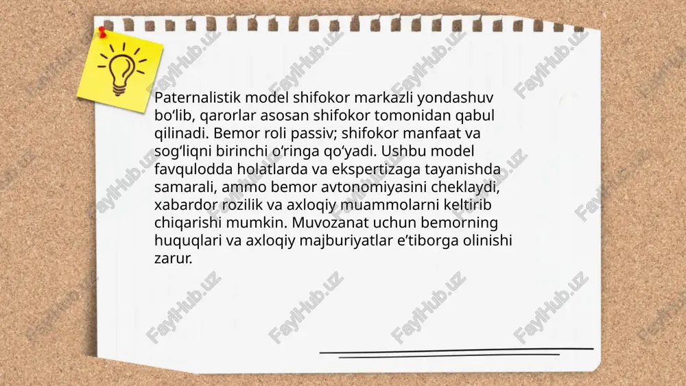 ostika va davolashga olib kelishi mumkin. ... t.me/slaydai_bot oilaviy markazli model shifokor va bemor munosabatida oilani asosiy qo'llab-quvvatlovchi va qaror qabul qiluvchi sifatida ko'radi. bemorning sog'ligi va muolajalari oila a'zolari bilan muvofiqlashtiriladi. shifokor oilaning bilimlari, qadriyatlari va resurslarini inobatga olib maslahat beradi, terapevtik reja hamjamiyatda ishlab chiqiladi. aloqa ochiq, inklyuziv va hamkorlikka asoslangan bo'ladi. afzalliklari: moslashtirilgan parvarish, psixologik yordam, davomiy nazorat. qiyinchiliklari: maxfiylik, qarorlar ziddiyati va vaqt talab qilinishi. shifokor va bemor tizimidagi munosabatlarning asosiy modellari jo‘rayev sardorbek e'tiboringiz uchun raxmat! image1.jpg image2.png image3.jpg /docprops/thumbnail.jpeg