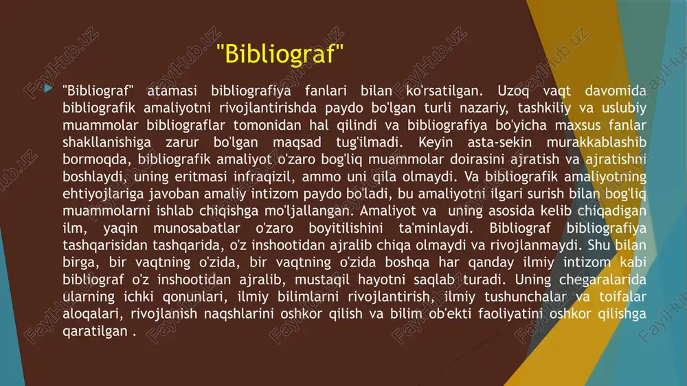 graflar tarkibida ilm va shu bilan bog'liq "jihatlar bo'linmasi bir nechta ilmiy fanlar, bibliografiya tarixi, bibliografiya metodologiyasi, bibliografiya metodologiyasi, bibliografiya metodologiyasi faoliyat va so'nggi o'n yilliklarda bibliografiya metodologiyasi va texnologiyalari mavjud. ushbu barcha turdagi barcha narsalar nafaqat ilmiy, balki universitetlarda o'qitiladigan akademik fanlar ham ko'rinadi. bibliograflarda markaziy joy bibliografiya nazariyasi va tarixi beriladi. bibliografiya tarixi eng rivojlangan bibliografik fanlar sonini anglatadi. u quyidagilarni o'rganadi: qadimgi zamonlardan hozirgi kungacha bibliografiyaning kelib chiqish va rivojlanishi; ma'lum bibliografik hodisalarning kelib chiqishi va sabablari, ularning o'ziga xos tarixiy shart-sharoitlari turli bosqichlarda bibliografiya rivojlanishidagi etakchi tendentsiyalarni aniqlash; bibliografiyani rivojlantirishda taniqli bibliograflarning hissasi. bibliografiyani tashkil etish - bunday muammolarni o'rganish uchun mo'ljallangan bibliograflarning bo'limi: bibliografik tadbirlar sohasida boshqarish va rejalashtirish; tashkilot printsiplarini ishlab chiqish; turli axborot markazlari va kutubxonalarida bibliografik xizmatlarni tashkil etish uchun oqilona sxemalarni yaratish; bibliografik idoralar xodimlarini boshqarish; bibliografiya sohasida loyiha va innovatsion faoliyatni tashkil etish. ushbu bo'lim kichik darajada ishlab chiqilgan, fundamental …