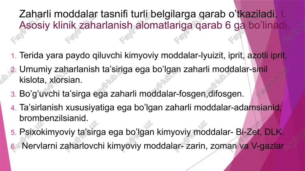 zaxarli birikma qatoriga kiradi. o’tkir formadagi zaxarlanish sekin yoki yashin tezligida o’tishi mumkin. yashin tezligidagi forma qisqa vaqt davomida (2-5 daqiqa) inson organizmiga ko’p miqdorda zaxarli modda tushganda sodir bo’ladi. sinil kislota bilan zaxarlanish yengil, o’rtacha va og’ir darajada o’tadi. ta’sirlantiruvchi zaxarlovchi moddalar yuqori nafas yo’llari shilliq qavati kon’yuktiva va ko’z muguz pardasining sezuvchi nerv oxirlariga tanlab ta’sir qiluvchi kimyoviy birikmalar kiradi. bu moddalar ularning fiziologik ta’sir mexanizmiga ko’ra g’ayri ixtiyoriy zaxarlar deb ham ataladi, chunki bu moddalar sezuvchi nerv oxirlarini tez qitiqlab nafas olish a’zolari, ovqat hazm qilish va yurak tomir sistemasi tarafidan g’ayri ixtiyoriy reaksiyalar kelib chiqishiga sabab bo’ladi. psixokimyoviy ta’sirga ega zaxarlovchi moddalar - bu moddalar kishi a’zolariga ta’sir etmasada uning ruhiyatiga ta’sir etadi. zaxarlanish darajasi, zaxarlovchi moddaning havodagi kontsentratsiyasiga bog’liq bo’lib, zaxarlanish yengil, o’rta va og’ir darajada o’tadi. e’tiboringiz uchun raxmat! image1.jpeg image2.jpeg image3.jpeg image4.jpeg image5.jpeg image6.jpeg image7.jpeg