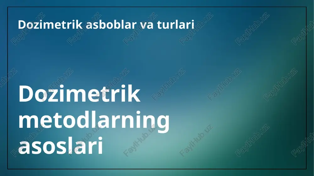 a ta'siridan himoya qilish uchun qo'llaniladi. dozimetrik metodlarning ahamiyati sanoatda esa, dozimetrik asboblar ishchilarni radiatsiya ta'siridan himoya qilish uchun ishlatiladi. bu, ish joylarida xavfsizlikni oshirish va ishchilarni himoya qilish uchun muhimdir. tibbiyotda dozimetrik metodlar bemorlar uchun xavfsiz dozalashni ta'minlashda qo'llaniladi. radioterapiya jarayonida to'g'ri doza berish, bemorlarning sog'lig'ini yaxshilashga yordam beradi. dozimetrik metodlar radiatsiya xavfsizligini ta'minlashda muhim rol o'ynaydi. ular inson salomatligini himoya qilish va muhitni nazorat qilishda yordam beradi. bu metodlar orqali radiatsiya darajasini aniqlash va nazorat qilish mumkin. dozimetrik asboblar tasnifi dozimetrik metodlar haqida ma'lumot dozimetrik metodlar turlari dozimetrik metodlar fizik va kimyoviy jarayonlarni o'lchash uchun qo'llaniladi. ular ionizatsiyalangan nurlanish, radiasiya va boshqa fizik hodisalarni o'lchashda ishlatiladi. har bir metod o'ziga xos xususiyatlarga ega bo'lib, aniq va ishonchli natijalar berishga qaratilgan. dozimetrik asboblar tasnifi ularning ishlash printsipiga va qo'llanilishiga ko'ra amalga oshiriladi. dozimetrik asboblar turlari dozimetrik asboblar turli vazifalarni bajaradi, masalan, radiatsiya darajasini aniqlash, xavfsizlikni ta'minlash va ilmiy tadqiqotlar …