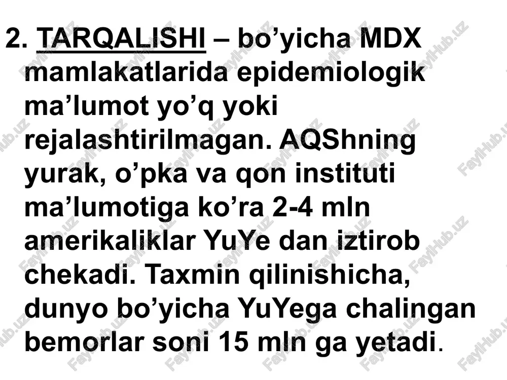 bilan solishtirish (qiyoslash) orqali yuzaga kelishiga asoslangan. turli guruh pasientlarining yoki biror kasalni dinamikada, hamda davo o’tkazilganda qiyoslash uchun qulaylik beradi. bunda bemorning xolati funksional sinf (klass)larga bo’linadi nyha bo’yicha tasnif: i fs – fizik faollik chegaralanmagan: odamdagi (kundalik) fizik yuklama behollik, charchash, hansirash yoki yurak urishini chaqirmaydi (simptomsiz chap qorincha disfunksiyasi). ii fs – fizik faollik o’rtacha chegaralangan. tinch xolatda bemorda hech qanday patologik simptomlar namoyon bo’lmaydi. insondagi fizik faollik: charchash, yurak urishi, hansirash yoki og’riqni yuzaga keltiradi nyha bo’yicha tasnif: iii fs – fizik faollik yaqqol chegaralanadi: garchi pasient tinch xolatda o’zini yaxshi his qilsada, oz miqdordagi fizik zo’riqish yuye ning klinik belgilarini yuzaga keltiradi. iv fs – har qanday fizik faollik diskomfort belgilarini yuzaga keltiradi: yuye belgilari tinch xolatda ham sodir bo’ladi va arzimagan kichik fizik faollikda ular kuchayadi. a. o’tkir yurak yetishmovchiligi – chap qorincha yetishmovchiligi ko’rinishida yurak astmasi xuruji bilan namoyon bo’ladi va o’pka shishi …