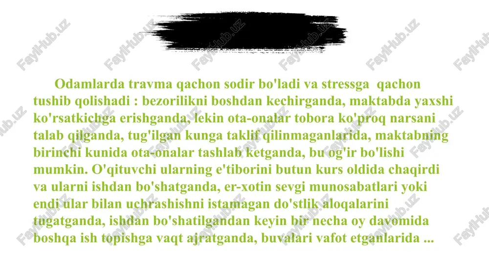 nlab yillar davom etishi mumkin. misol uchun, bu nosog'lom oilada yoki nikohda ruhiy va jismoniy zarar etkazadigan bolalik. o'tkir b shok d surunkali f psixologik travmanıng belgilari psixologik jarohatlarning belgilari turlarning yana bir, batafsil tasnifiga bog'liq. - mavjudlik; - jarohatlarning yo'qolishi; - munosabatlarning shikastlanishi; - o'z xatolaridan shikastlanish. 01 - baxtsiz hodisalar avtomobilning jiddiy yoki boshqa yo'l-transport hodisalari. - doimiy zo'ravonlik ishda yoki maktabda zo'ravonlik. - hujum. - qotillik. - tabiiy ofatlar halokatli oqibatlarga olib kelishi mumkin bo'lgan yong'inlar, zilzilalar, toshqinlar yoki bo'ronlar kabi. - yaqin kishini yo'qotish, ota, ona yoki o'g'il kabi, ba'zan o'z joniga qasd qilish orqali. - ota-ona yoki bola kabi yaqin qarindoshning o'limi, ba'zida o'z joniga qasd qilish. - sog'liqni saqlash muammolari bu sizni uzoq vaqtdan beri tashvishga solgan. - o'g'irlangan. - o'g'irlash. borliqning shikastlanishi - bu o'lim tahdididir, yoki u va uning yaqinlariga biror narsa tahdid soladigan kishining ayblovi. xarakterli alomat - o'lim qo'rquvi . …
