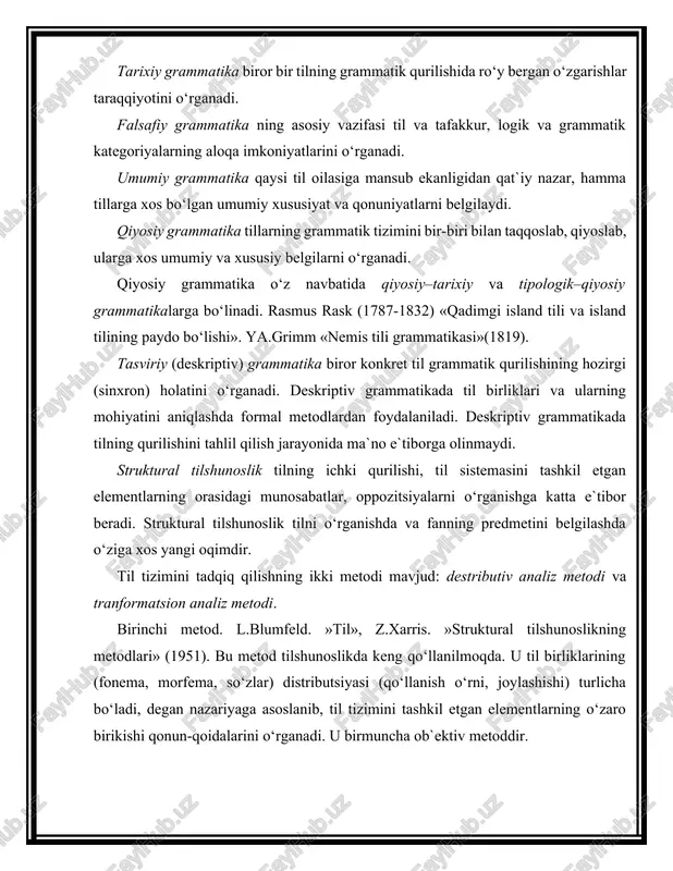 paydo bo‘ldi. bunda gap bevosita ikki qismga ajratib tekshiriladi. masalan: ot qism va fe`l qism. bu metod distributiv tahlilni o‘z ichiga olgan holda sintaktik birliklarni analiz qilishda qo‘llaniladigan formal metoddir. bu metodning qiyinchiliklari: 1.morfologiya bilan sintaksis aralashtirib yuboriladi, so‘z birikmalari va gap bir-biridan farqlanmaydi. 2. bir xil strukturaga ega bo‘lgan, ammo mazmun jihatdan har xil bo‘lgan so‘z birikmalari bu metod bo‘yicha bir xil analiz qilinadi. masalan: to‘yga ko‘p keksa erkaklar va ayollar kelishdi jumlasini analiz qilganda, keksa so‘zining qaysi so‘zga tegishli ekanligini aniqlash qiyin (erkaklargami yoki ayollarga). 3. bu metod til sintaktik yarusining elemantar birligini va sodda sintaktik birliklarning tashkil topishi va tarixni ko‘rsatib berolmaydi. bevosita tashkil etuvchilarga ajratish metodining yuqorida ko‘rsatib o‘tilgan kamchiliklarni bartaraf etish ehtiyoji transformatsion analiz metodlarining yaratilishida asosiy omil bo‘ldi. transformatsion grammatika hozirgi tilshunoslikda, xususan, sintaktik va stilistik izlanishlarda eng ko‘p qo‘llanilayotgan metod yordamida ish ko‘radi. ma`lumki, distributiv metod yordamida til yaruslarining birliklari: fonema, morfema, ularning …