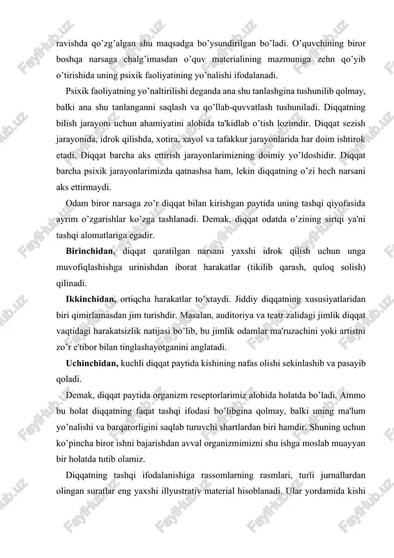 m reseptorlarimiz alohida holatda bo’ladi. ammo bu holat diqqatning faqat tashqi ifodasi bo’libgina qolmay, balki uning ma'lum yo’nalishi va barqarorligini saqlab turuvchi shartlardan biri hamdir. shuning uchun ko’pincha biror ishni bajarishdan avval organizmimizni shu ishga moslab muayyan bir holatda tutib olamiz. diqqatning tashqi ifodalanishiga rassomlarning rasmlari, turli jurnallardan olingan suratlar eng yaxshi illyustrativ material hisoblanadi. ular yordamida kishi diqqatining tashqi ifodasiga xos bo’lgan mimika va pantomimikani ko’rsatish mumkin. diqqatning nerv-fiziologik asoslari odamga har bir daqiqada ta'sir qilib turadigan qo’zg’atuvchilar turlicha reflekslarga sabab bo’ladi. chunki har qanday refleks organizmning tashqi ta'sirotga beradigan qonuniy javob reaksiyasidir. diqqatning nerv-fiziologik asosida orientirovka yoki tekshirish deb ataladigan maxsus refleks yotadi. bunday refleksni akademik i.p.pavlov maxsus ibora bilan "bu nima gap refleksi" deb ham ataydi. ana shu refleks odatda organizmga to’satdan birorta yangi narsaning ta'siri yoki haddan tashqari kuchli ta'sirot orqali hosil bo’ladi. orientirovka yoki tekshirish refleksi diqqatning fiziologik asosi hisoblanadi, chunki bu refleks bosh miya …