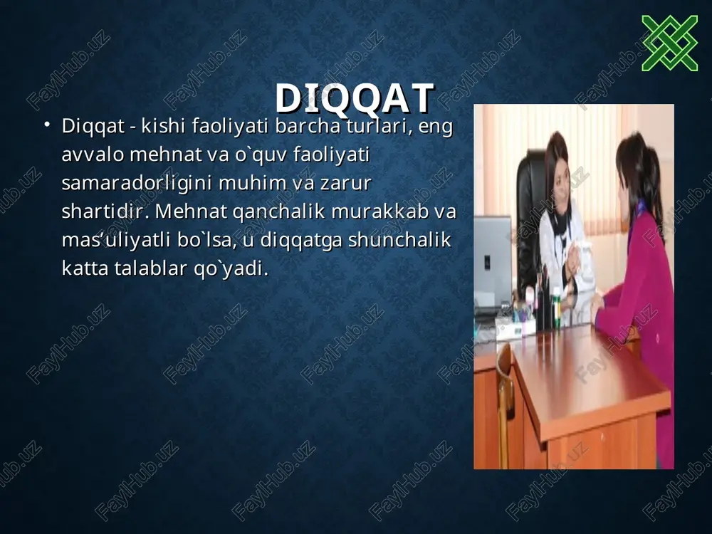 taqsimlanishi ikki va undan ko'proq faoliyat turlari- ning (bir qancha harakatlarning) bir vaqtning o'zida muvaffaqiyatli bajarish imkoniyati bilan bog'liq xususiyat. diqqatning yuksak daraja- da taqsimlanishi - ko'pgina hozirgi zamon mehnat turlari muvaffaqiyatliligining muqarrar shartlaridan biridir. masalan, operatorlar, ko'plab dastgohlarda ishlovchilar, transport haydovchilari va boshqalarning ishi ana shuni talab qiladi. diqqatning ko'chishi ma'lum obyektning bir faoliyatdan ikkinchi bir faoliyatga, bir obyektdan ikkinchi bir obyektga, bir harakatdan ikkinchi bir harakatga o'tishida namoyon bo'ladi. diqqatning ko'chi- shi yo ongli ravishdagi xulq-atvorga, faoliyatning talablariga yoki o'zgarib ketayotgan shart-sharoitlarga muvofiq tarzda yangi faoliyatga kirishish zaruratiga bog'liq bo'ladi. faqat obyektlar va jarayonlar o'zgarib, faoliyat esa uzoq vaqt da- vomida o'zgarmasdan qolgan hollarda diqqatning barqarorligi doirasi- da uning ko'chishi yuz beradi. bunday ko'chish uzoq davom etadigan ish paytida charchashning oldini oladi va shu bilan diqqatning barqarorligini oshiradi. lekin bu tez-tez takrorlanavermasligi lozim, aks holda salbiy oqibatlarga olib kelishi mumkin diqqatning salbiy jihatlaridan biri parishonxotirlikdir. parishonxo- tirlik diqqatni …