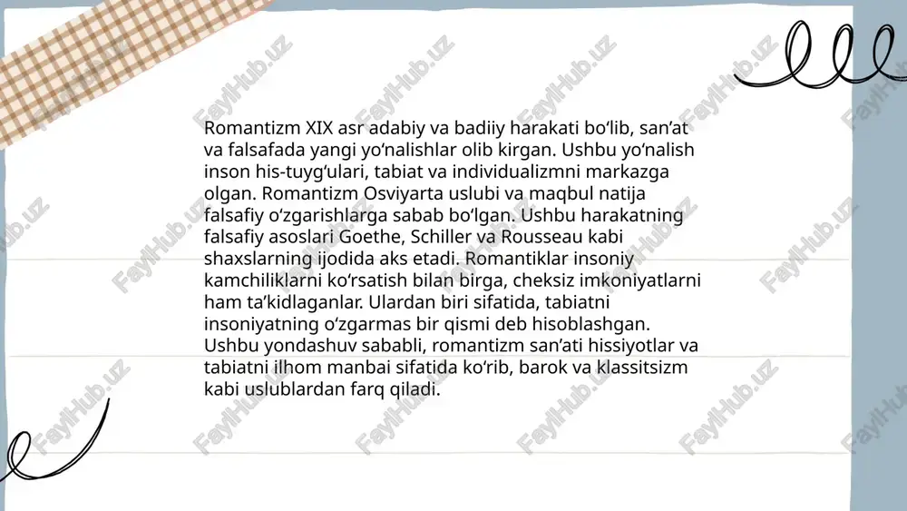 ix asrning boshidan o'rtalarigacha davom etdi. romantik yozuvchilar insoniyat, tabiat va jamiyat o'rtasidagi ziddiyatlarni tasvirlashga qiziqdilar. yozuvchilar, masalan, aleksandr pushkin va viktor gyugo, ushbu to'qnashuvlarni o'z asarlarida tadqiq qildilar. romantizm asarida ko'pincha individning ichki ziddiyatlari, his-tuyg'ular va idealizm bilan real hayotning to'qnashuvi ko'rsatiladi. bu davrdagi konfliktlar insonning erkinlikka bo'lgan intilishini va uni cheklovchi ijtimoiy normalarni tahlil qildi. natijada, romantizmda to'qnashuv va konfliktlar inson tabiatini va jamiyatni chuqurroq tushunishga imkon yaratdi. romantizm metodi tavsifi zulayho ne'matova e'tiboringiz uchun raxmat! image1.png image2.png image3.png /docprops/thumbnail.jpeg