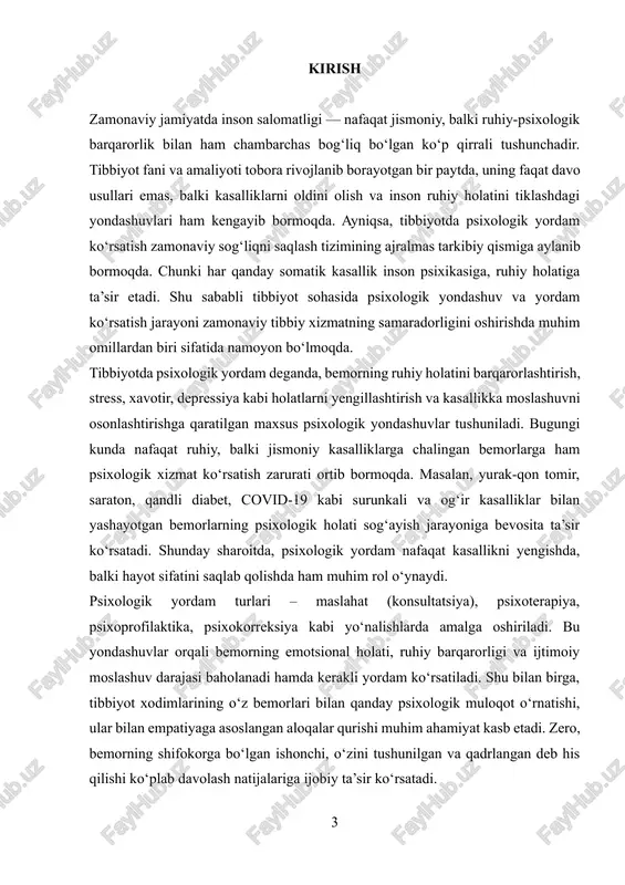 izimida klinik psixologlar va tibbiy psixologlar faoliyati muhim o‘rin tutadi. ular shifokorlar, hamshira va boshqa tibbiy xodimlar bilan birgalikda ishlaydi. biroq, rivojlanayotgan mamlakatlarda bu yo‘nalish hali to‘liq shakllanmagan bo‘lib, bu boradagi ilmiy-tadqiqotlar, metodik ishlanmalar, amaliy dasturlarni yaratish katta dolzarb ahamiyatga ega. shu sababli, tibbiyot sohasida psixologik yordam tizimini chuqur o‘rganish, uni ilmiy asosda takomillashtirish va amaliyotga joriy etish zarurdir. kurs ishining dolzarbligi- inson salomatligi jismoniy, ruhiy va ijtimoiy jihatdan to‘laqonli bo‘lishi bilan belgilanadi. jahon sog‘liqni saqlash tashkiloti (jsst)ning aniqlashicha, sog‘liq degani faqat kasallikning yo‘qligi emas, balki to‘liq psixologik va ijtimoiy farovonlik holatidir. shu bois, so‘nggi o‘n yilliklarda tibbiy amaliyotda nafaqat davo choralarini, balki bemorlarning ruhiy holatini tiklash va qo‘llab-quvvatlash masalalari ham dolzarb mavzuga aylangan. xx asrning 70–80-yillaridan boshlab, rivojlangan mamlakatlarda “bio-psixo-ijtimoiy model” konsepsiyasi asosida sog‘liqni saqlash tizimi shakllandi. bu yondashuvga ko‘ra, inson salomatligiga ta’sir etuvchi omillar orasida psixologik muhit ham muhim ahamiyat kasb etadi. masalan, germaniya, aqsh, yaponiya va skandinaviya …