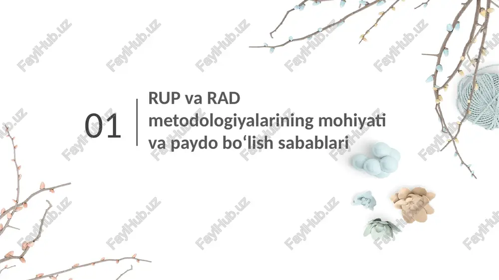 rlash ishlari aynan shu bosqichda amalga oshiriladi. asosiy ishlar: modullarni ishlab chiqish va testdan o‘tkazish; komponentlarni integratsiyalash; dasturiy ta’minotni yig‘ish (build). natija: tayyor dasturiy mahsulotning dastlabki (beta) versiyasi hosil bo‘ladi. transition (o‘tkazish bosqichi) tayyor dastur foydalanuvchiga topshiriladi va real sharoitda sinovdan o‘tkaziladi. asosiy ishlar: foydalanuvchi sinovlari va xatoliklarni tuzatish; dasturiy mahsulotni joriy etish (deployment); foydalanuvchi qo‘llanmalarini tayyorlash. natija: tizim to‘liq ishchi holatga keltiriladi va ekspluatatsiyaga topshiriladi. rupning afzalliklari va kamchiliklari afzalliklari sifatli natija: har bir bosqichda sinov va tahlil amalga oshirilgani uchun xatoliklar erta aniqlanadi. moslashuvchanlik: iterativ yondashuv tufayli loyiha davomida o‘zgarishlarni kiritish oson. xavflarni boshqarish: risklar har bosqichda baholanadi va kamaytiriladi. hujjatlashtirish tizimi: barcha jarayonlar hujjatlashtirilgan bo‘ladi, bu keyingi texnik xizmatni yengillashtiradi. uml diagrammalar asosida aniq vizual model yaratiladi. kamchiliklari murakkab tuzilma: kichik jamoalar uchun rup ortiqcha byurokratik bo‘lishi mumkin. ko‘p vaqt va resurs talab etadi: barcha bosqichlar to‘liq hujjatlashtirilganligi sababli jarayon sekinlashadi. yuqori malakali mutaxassislar zarur: rupni to‘g‘ri …