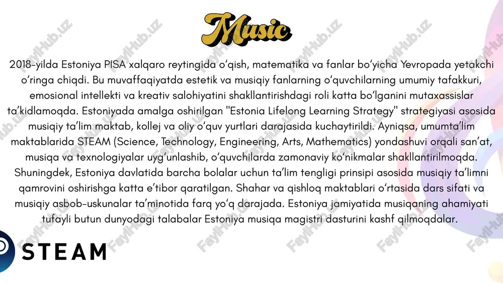 qa ta'limida bunday taksonomiya mavjud didaktik model sifatida uni amaliy musiqashunoslik orqali amalga oshirish mumkin, bu umumta'lim musiqa maktabiga qo'shiq aytish, cholg'u asboblari va musiqa kiradi. ushbu tadqiqot sifatli yondashuvga asoslangan. estoniya ta’lim tizimidagi musiqa tarbiyasining tutgan o‘rni, ahamiyati va yondashuv uslublari tahlil qilindi. estoniya — musiqiy madaniyatni milliy g‘urur sifatida qadrlaydigan va uni ta’limning ajralmas qismi sifatida shakllantirgan davlatlardan biridir. tahlillar davomida aniqlanishicha, bu mamlakatda musiqa darslari nafaqat estetik didni shakllantirish, balki o‘quvchilarning ijtimoiy-emotsional rivojiga ham ijobiy ta’sir ko‘rsatmoqda. davr fan nomi mavzu maqsadi haftasiga soatlar soni estoniya respublikasi 1918–1940 kuylash ovoz jarangdorligi, vatanga muhabbat. 1917-yillar 2 soat i-iii sinflar, 1 soat i-vi sinf, keyinchalik 2 soat haftasiga sovet ittifoq 1940–1991 1945-1959-y qo'shiq; 1960-1971 musiqiy ta'lim; 1972-1990 yillarda musiqa ta'lim musiqaga qiziqtirish va davom ettirish 1-2 soat haftasiga mustaqillikni tiklash estoniy respublika 1991–2023 1991-musiqa ta'limi; 1996, 2002, 2011-musiqa amaliy musiqa olamiga olib kirish va saqlab qolish i-iv sinf haftasiga …