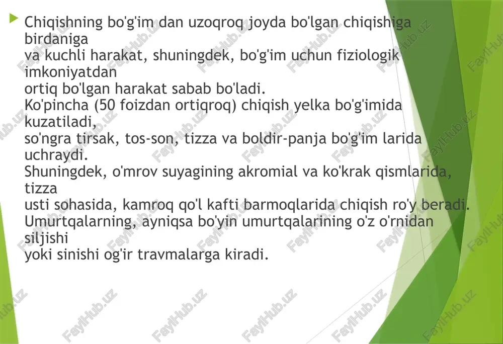 ar murakkablashgan chiqishlar deyiladi. klinikasi klinikasi. chiqishning klinik belgilari, ularning joyi va turlariga qarab xillari ko‘p bo'ladi. shikastlanishdagi vaziyat, chiqish sababi va zararlanish mexanizmi bemordan so'rash yo'li bilan aniqanadi.kasal kishi asosan bo'g'imi og'riyotgani va harakat qila olmayotganidan shikoyat qiladi. harakat qilishga urinib ko'rilganda bo'g'imdagi og'riq kuchayadi.qo'l-oyoq chiqqan bo'g'imda kuchli og'riq bo'lib, uni o'z o’rniga qo'yishga harakat qilinsa, yana asl holiga keladi. bu belgi prujinasimon fiksatsiya simptomi deyiladi. ba’zan zararlangan qo 'l yoki oyoq karaxt bo'lib qolishi nerv tolasining qisilgan va chiqqan suyak bo'lagini spastik ravishda qisqargan mushaklar qimirlatmay qo'yishi natijasida kelib chiqadi. ko'zdan kechirish paytida qo'l-oyoqning no’to 'g 'r i holati va bo'g'im sohasining shakli buzilgani kuzatiladi, ularning uzunasiga qisqargani seziladi. ba’zida suyakning siljigan uchi o'z joyida emasligi aniqlanadi. masalan, yelka suyagi chiqqanda uning boshi qo'ltiq ostida yoki ko'krak mushagi ostida ekanligini ushlab aniqlash mumkin. nerv qisilib qolgan bo'lsa , bemor oyoq-qo'li xolsizlanganligidan shikoyat qiladi. diagnoz diagnoz rentgenografiya yordamida aniqlanadi, …