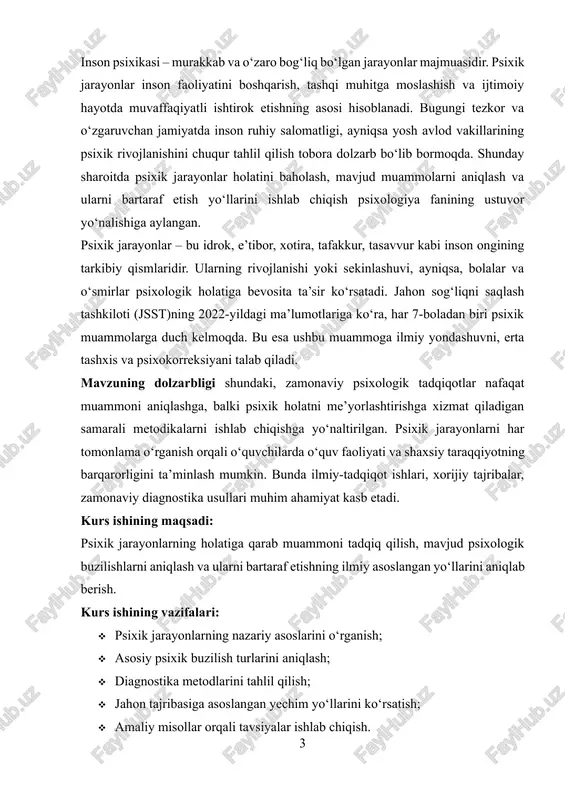 i jarayonlar: · idrok – atrof-muhitdagi narsalarni butun holatda qabul qilish; · e’tibor – ongni bir ob’ektga qaratish va saqlash qobiliyati; · xotira – ma’lumotni eslab qolish, saqlash va eslash; · tafakkur – muammoni tahlil qilish va mantiqiy xulosa chiqarish; · tasavvur – yangi obrazlar yaratish, fantaziya orqali fikrlash. emotsional jarayonlar – his-tuyg‘ular, kayfiyat va affektlar: · quvonch, g‘am, qo‘rquv, hayajon va boshqa ruhiy holatlar orqali shaxsning tashqi muhitga munosabati ifodalanadi. iroda jarayonlari – bu maqsad sari harakat qilish, qiyinchiliklarni yengib o‘tish, mustahkam qarorlar qabul qilish jarayonlari. psixik jarayonlarning inson hayotidagi o‘rni.psixik jarayonlar insonning kundalik faoliyati, o‘qish, mehnat, ijtimoiy munosabatlar, qaror qabul qilish va shaxsiy rivojlanish jarayonlarida muhim rol o‘ynaydi. masalan: · idrok va e’tibor bo‘lmasa, o‘quvchi ma’lumotni to‘g‘ri anglay olmaydi; · xotira va tafakkur sust bo‘lsa, bilimlarni o‘zlashtirish va qo‘llash qiyinlashadi; · emotsional barqarorlik past bo‘lsa, ijtimoiy munosabatlar izdan chiqadi; · iroda kuchi bo‘lmasa, inson hayotda qat’iy pozitsiyani egallay …