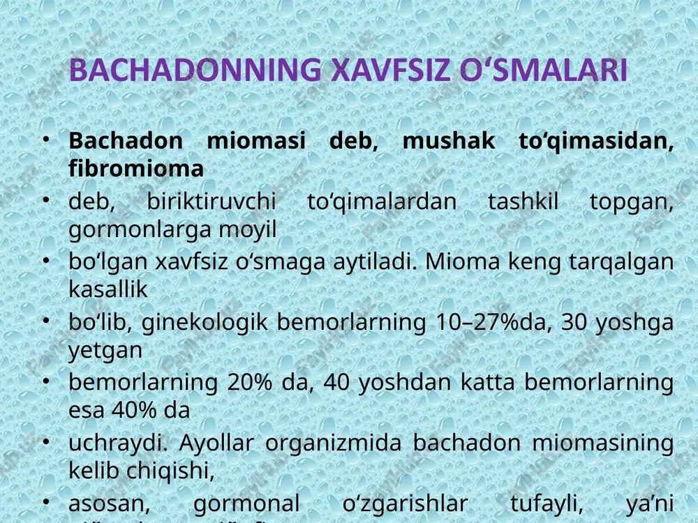 yak to‘qimasiga ham o‘sib kiradi. endometrioz pufakchasi yorilganda a’zoning hamma qismlariga qon, limfa yo‘llari orqali tarqalishi kuzatiladi. ginekologik kasalliklar orasida endometrioz 8–30% hollarda uchraydi. k l i n i k a s i endometriozning qaysi sohada joylashganligiga bog‘liq. endometriozning asosiy va doimiy belgilaridan biri –og‘riqdir. bemor qorinning pastki sohasida va belida kuchsiz, uzoq davom etadigan og‘riqdan, hayz sikli davrida og‘riqlar kuchayganligidan shikoyat qiladi. og‘riq hayz kunlaridan oldin paydo bo‘lib, kuchayib hayz kunlari va undan keyin ham bemorni bezovta qiladi. bu og‘riqlar endometrioz o‘chog‘idagi bez to‘qimalarning bo‘rtishi, to‘qimalarning ichi berk bo‘shliqlarida suyuqlikning to‘planishi natijasida kelib chiqadi. bachadon endometriozi hayz siklining buzilishiga, qo‘shni a’zolardan – to‘g‘ri ichak, siydik chiqarish yo‘llari faoliyatining buzilishiga olib keladi. shunga ko‘ra, ayol siyish vaqtida og‘riqlar bo‘lishidan, tez-tez siyishidan shikoyat qiladi. endometrioz bilan kasallangan a’zo hayz ko‘rish oldidan kattalashganini va hayzdan so‘ng yana dastlabki hajmda bo‘lishi kuzatiladi. bemorda ovulatsiya jarayoni bo‘lmasligi tufayli sekretor fazaning yetarlicha rivojlanmaganligi, kichik chanoq …