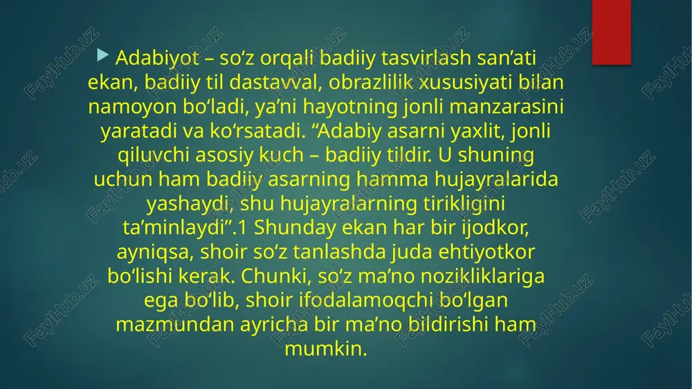 sa shamolga “farrosh” nisbati berilishi ajablanarli holat: seni suygan kunlarim to‘kiladi xazonday. uni yig‘ib olmaydi farrosh shamol azonda. bizga tanish bo‘lgan ramziy ifoda kutilmagan tus olishi, an’anaviy tashbehlardan kechinib, yangi o‘xshatmalarni qo‘llash faxriyor lirikasiga xos xususiyat bo‘lib, bu bizga shoir uslubini eslatib turadi. she’rda turli tasvir vositalari, majoziy obrazlarni qo‘llash har bir ijodkorning tasavvur olamiga bog‘liq, albatta. shuning uchun ham she’riyatda tashbehlar turfa, qiyofalar o‘zgachadir. aleksandr genis “qalb fotografiyasi” nomli maqolasida quyidagi fikrlarni keltirgan: “she’rdagi har bir buyum bizni kerakli yo‘nalish sari sudraydiyu, lekin u yo‘l belgisi kabi muayyanlikka ega emas. yo‘l ko‘rsatar ekan, buyum o‘zining bitmas-tuganmas va bayon qilib bo‘lmaydigan hayoti bilan yashashdan to‘xtamaydi. ayni shu metafizik qoldiq shoirga dunyoning donoligini o‘zi tushunmaydigan bir tilda aytib berishiga imkon beradi ijodkor badiiy tilining yana bir o‘ziga xosligi shundaki, she’rlarida o‘z shevasiga oid so‘zlardan foydalanib, ularga qo‘shimcha izoh berib ketadi. quyida ana shunday shevaga oid so‘zlar bilan tanishamiz: “bahor kelar dalalarga …