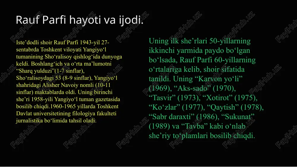 ari ko‘pligidan so‘lgan yaproqqa o‘xshab qolgan. bu she’rda dunyo metanomik ma’no ifodalab, bashariyat ma’nosini beradi. demak, she’rdagi lirik fojia – dunyo va odamzodning keyingi taqdiridan xavotir – kuz vositasida beriladi. shoirning “sabolarda o‘ynaydi navo” misralari bilan boshlanuvchi she’rida lirik qahramon kayfiyatida biroz sokinlik seziladi. endi u avvalgi she’rdagi kabi bashariyat dardida faryod chekmaydi, balki ko‘ngli talpinganiga shivirlaydi, oshiq yurakning ozorlari za’faron tusli bog‘dagi mahzun qo‘shiqqa hamohang uradi: bahor fasli va uning ramziy ma'nolari 1 uyg'onish va yangilanish rauf parfi bahor faslini yangilanish, o'sish va hayotning uyg'onishi ramzi sifatida ko'rsatadi. 2 qushlar va gul ochishlar shoirning bahor haqidagi she'rlarida qushlarning qaytishi, gullarning ochilishi, daryolarning to'lishi tasvirlanadi. 3 yashash quvonchi bahor she'rlarida yashash quvonchi, tabiat go'zalligining maqtoviga bag'ishlangan. 1 qushlar-bahor va kayfiyat elchisi. rauf parfining badiiy mahorati shu darajadaki, yani oddiy tasvirlarni ham chiroyli va betakror fikrlar orqali gavdalantiradnamoyon boʻladi.muallif bahor faslini obraz sifatida sheriy nutqda namoyon qiladi 2 bahor-oshiq-mashuqlarfasli, sevgi va …