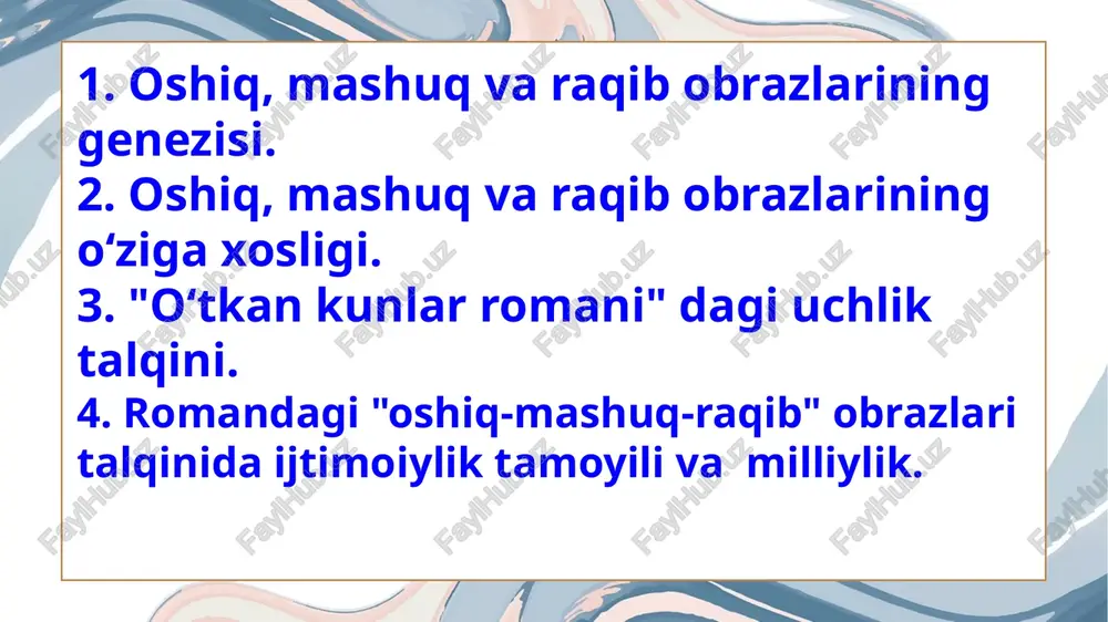 imoiy (milliy) shaytanat sathi o‘rtasidagi kurash bo‘lib, bunga romanning boshidayoq muayyan ishoralar beriladi”.2 otabekni ijtimoiy hayotda yurt qayg‘usi qiynaydi. qipchoqlar qirg‘iniga qarshi bo‘lgan bek otasi yusufbek hojining yurtboshilar qatorida shu qarorga kelgan deb o‘ylashi uni ancha cho‘ktirib qo‘yadi. yusufbek hoji o‘g‘liga bu ishda aloqasi yo‘qligi haqida tushuntirish berishi otabekning shunchaki tadbirkor, savdo vakili emasligini, yurtda bo‘layotgan voqealarga teran baho berishini ko‘rsatadi. thank you asarda otabek xudoyorxon, musulmonqul, azizbek haqida haqqoniy fikrlar bildira oladi. otabek oshiqqa xos o‘lim topishi, ya’ni shahid bo‘lishi ijtimoiy hayotdagi shaytanat (mustamlaka davlat) bilan kurashda yuz berdi. yurtdagi notinchliklar, qipchoqlar qirg‘ini, azizbek, musulmonqul, xudoyorxon kabilarning adolatsiz siyosati mantiqan mustamlakaga zamin hozirlagan edi. chor rossiyasi o‘rta osiyoni bosib olishni avliyo ota qarorgohidan boshlagan. aynan shu yerda otabek shahid ketadi. “ikkinchi sath maishiy turmush voqeligi bilan bog‘liq. roman syujetining boshidan oxirigacha tarang tortilgan maishiy shaytanat muammolari, o‘z mohiyatiga ko‘ra ijtimoiy shaytanatdan ortiq bo‘lsa ortiqki, sira ham kam emas. bu …